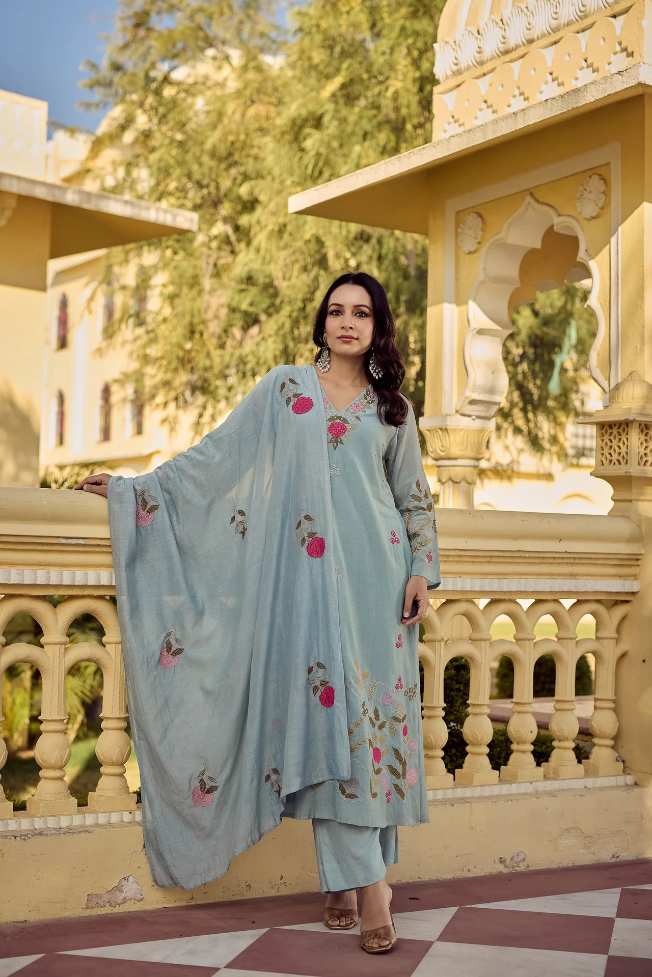 Women's Chanderi Silk Kurta Set with Pant and Dupatta in Powder Blue — photo 2 of 7
