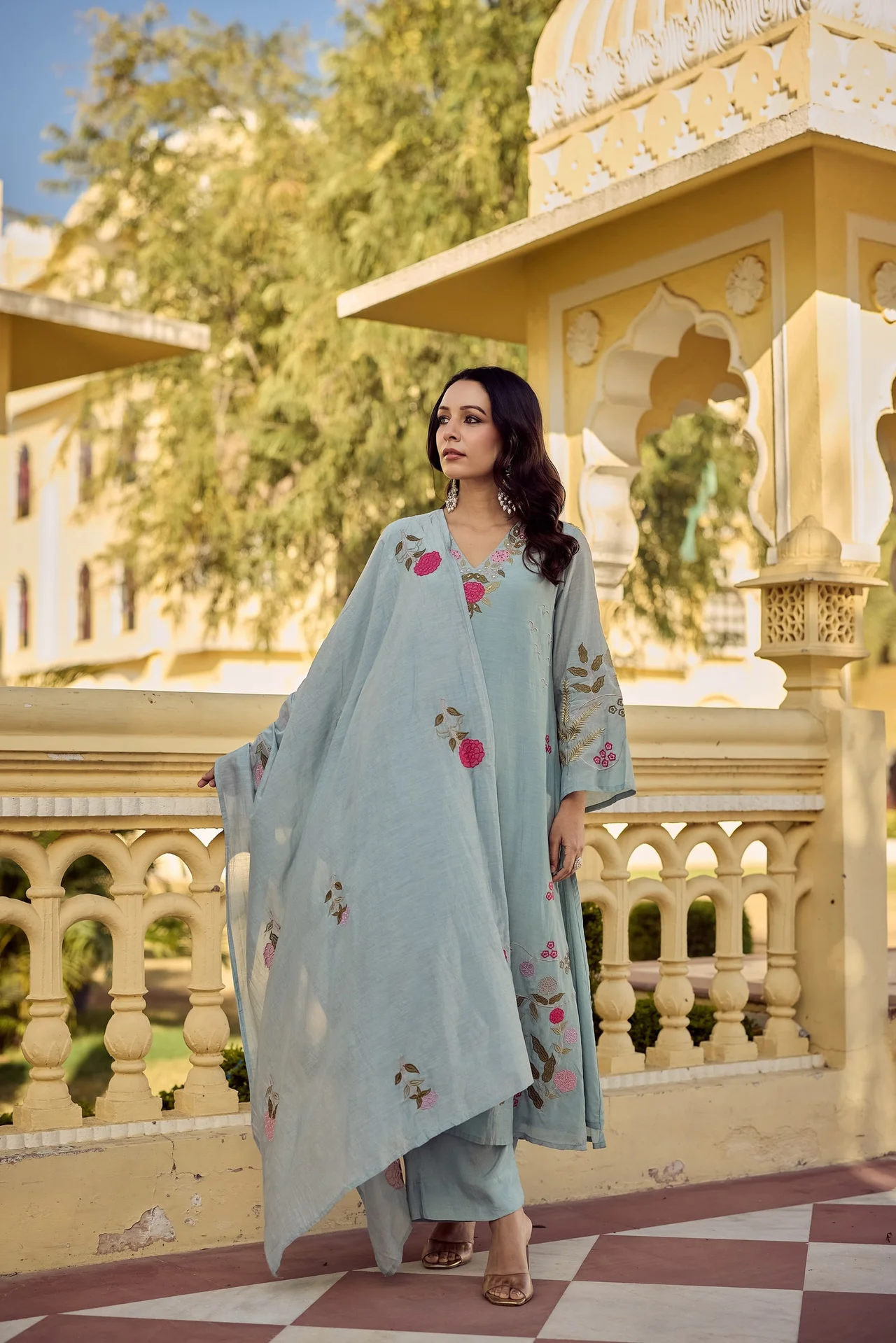 Women's Chanderi Silk Kurta Set with Pant and Dupatta in Powder Blue — photo 3 of 7