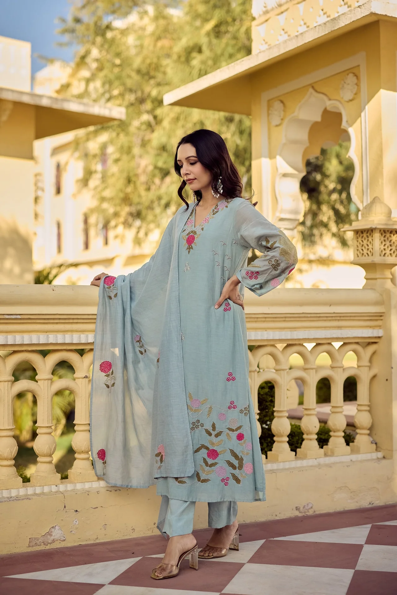 Women's Chanderi Silk Kurta Set with Pant and Dupatta in Powder Blue — photo 4 of 7