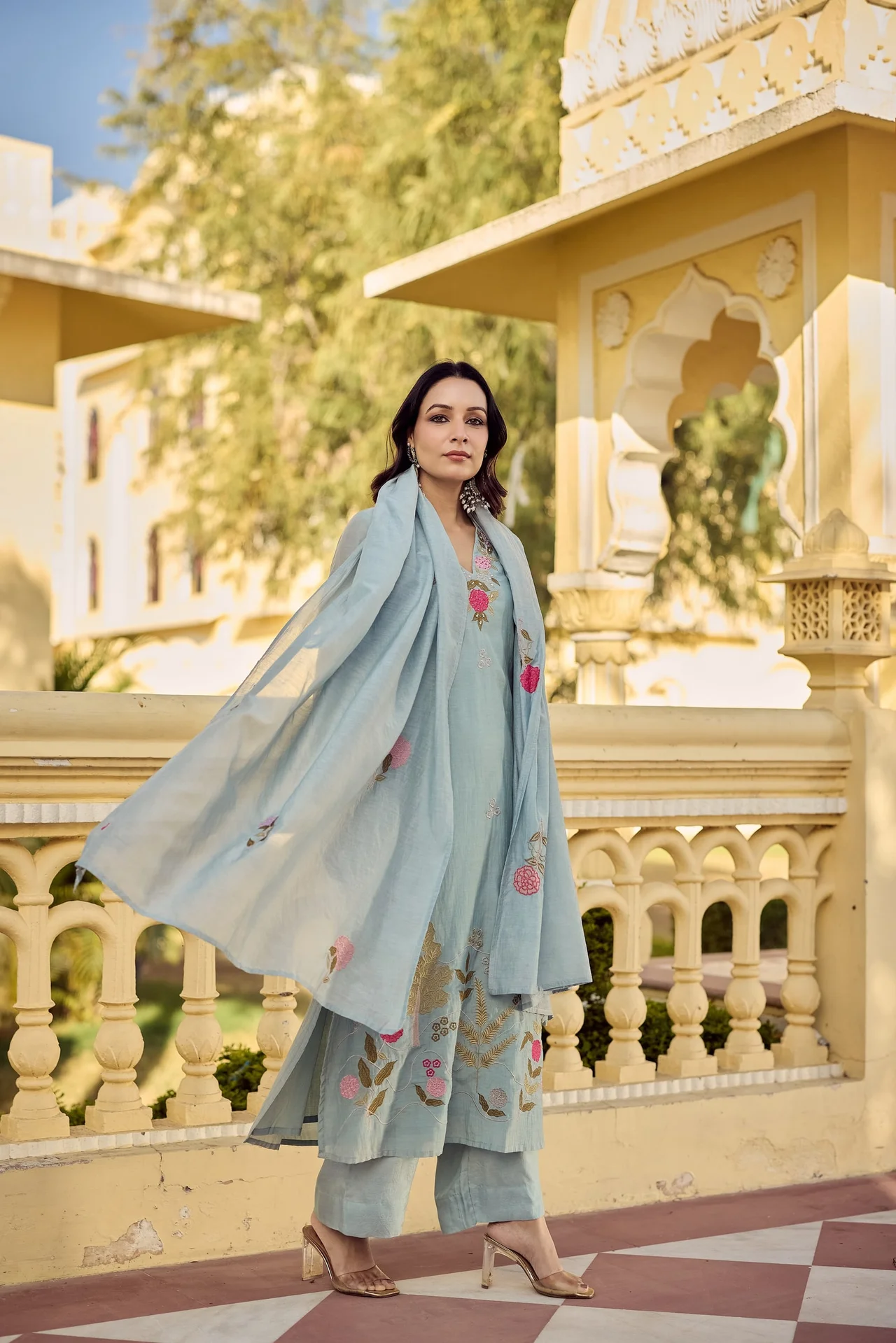 Women's Chanderi Silk Kurta Set with Pant and Dupatta in Powder Blue — photo 5 of 7