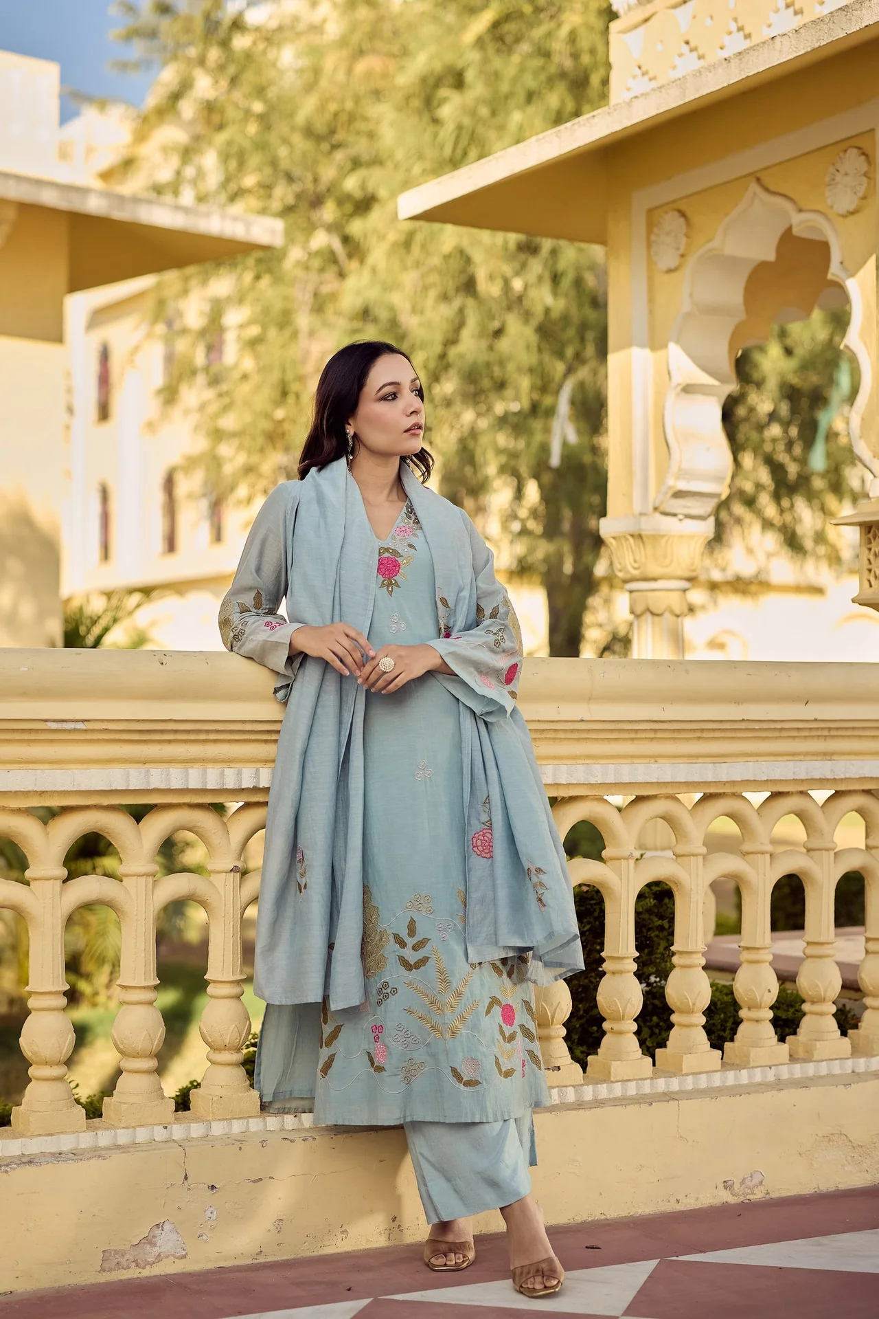 Women's Chanderi Silk Kurta Set with Pant and Dupatta in Powder Blue — photo 6 of 7