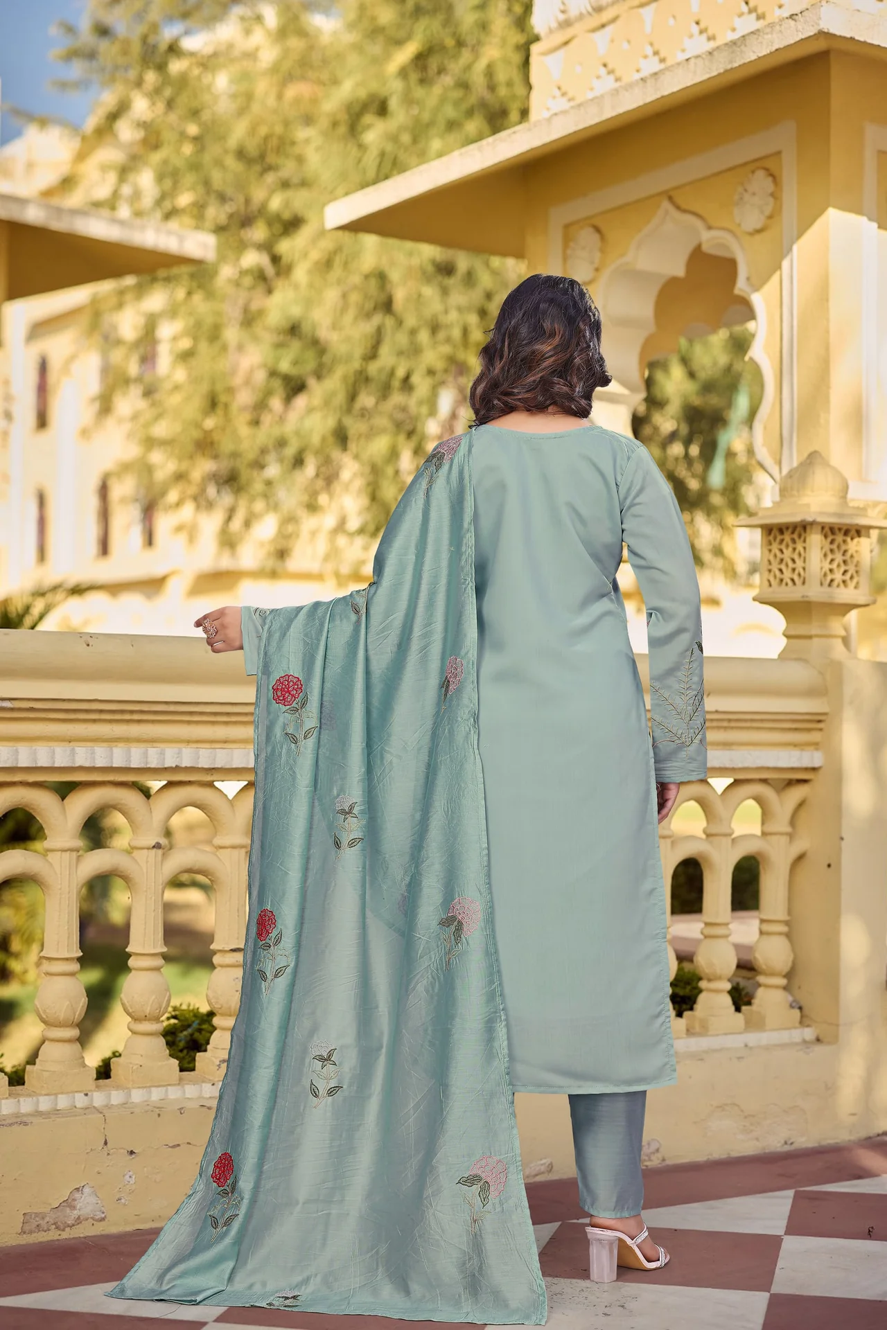 Women's Chanderi Silk Kurta Set with Pant and Dupatta in Powder Blue — photo 7 of 7