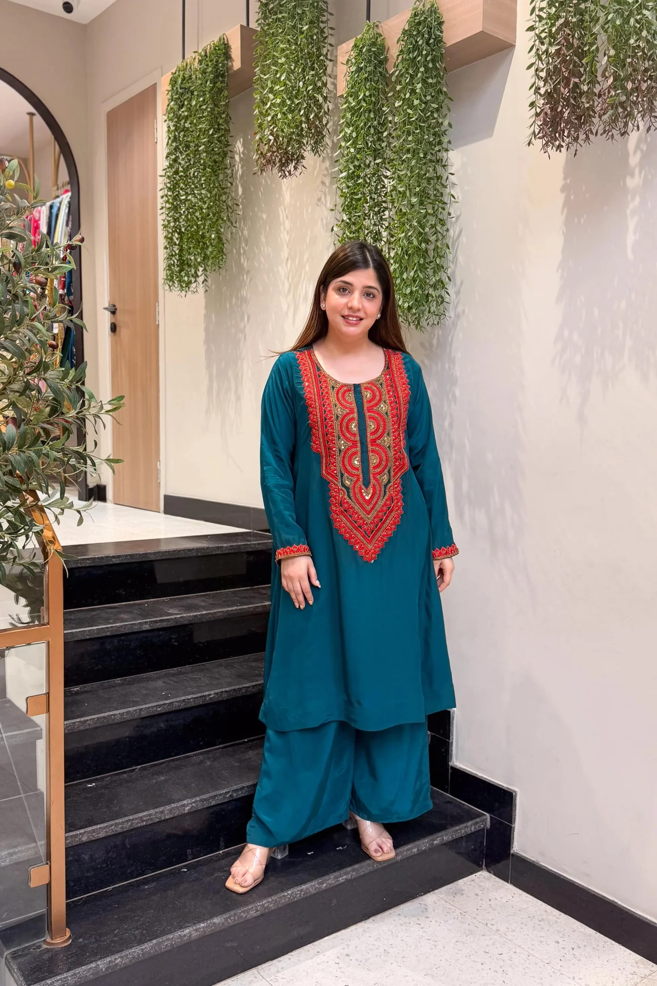 Women's French Crepe Embroidered Kurta Set with Pant in Teal — photo 2 of 6