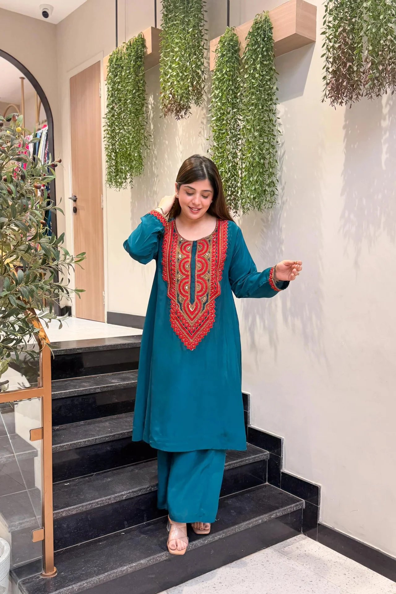 Women's French Crepe Embroidered Kurta Set with Pant in Teal — photo 3 of 6
