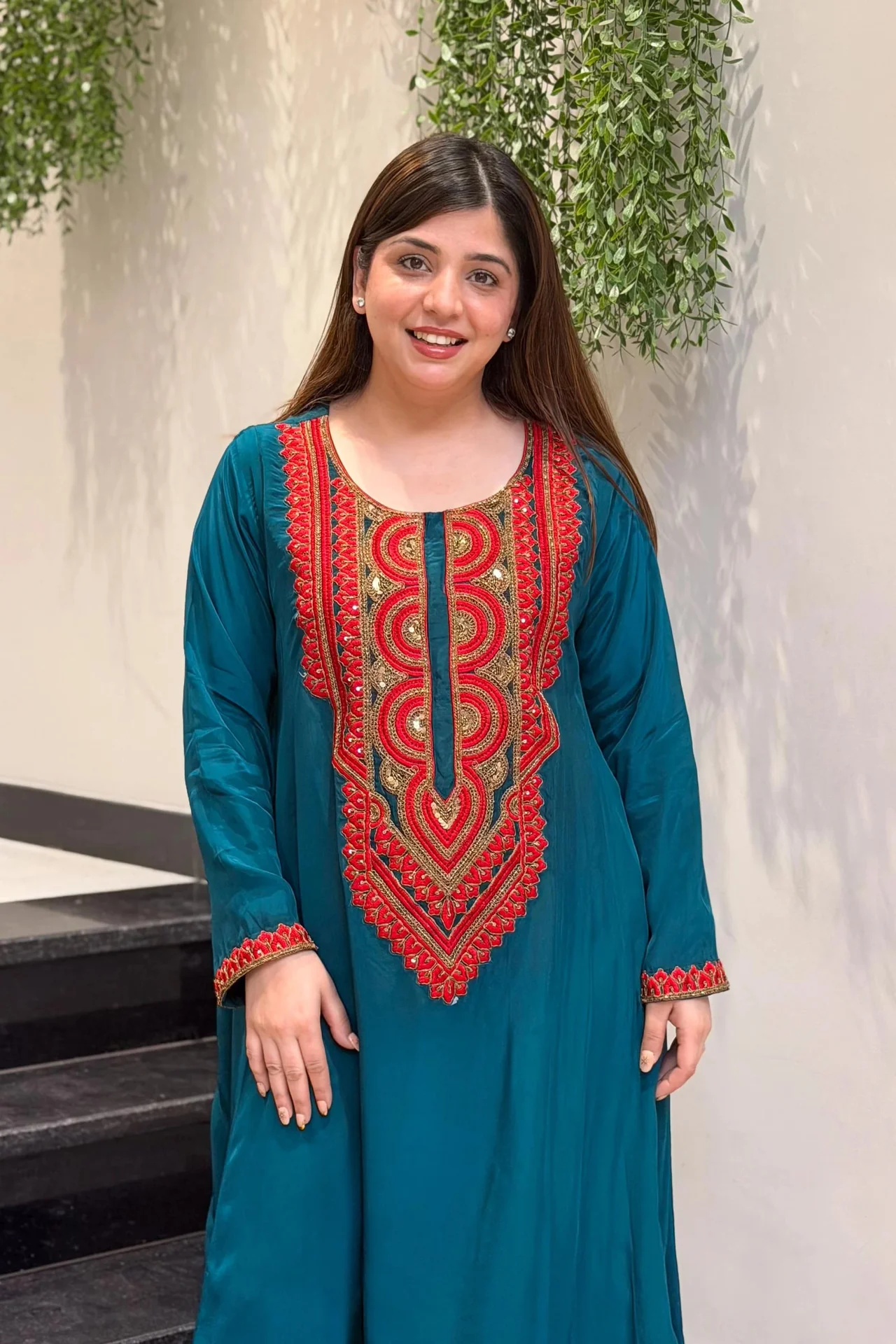 Women's French Crepe Embroidered Kurta Set with Pant in Teal — photo 4 of 6