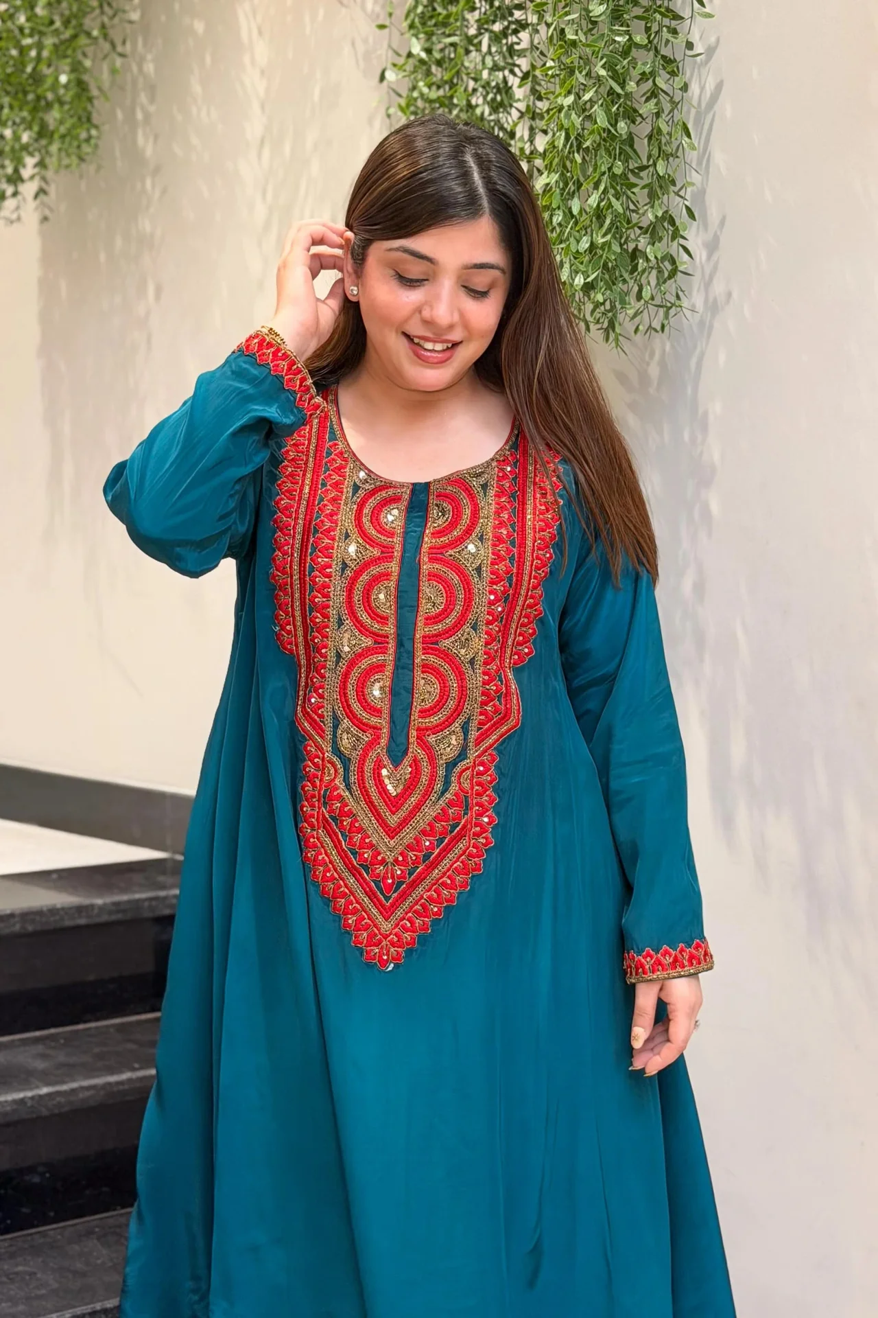 Women's French Crepe Embroidered Kurta Set with Pant in Teal — photo 5 of 6