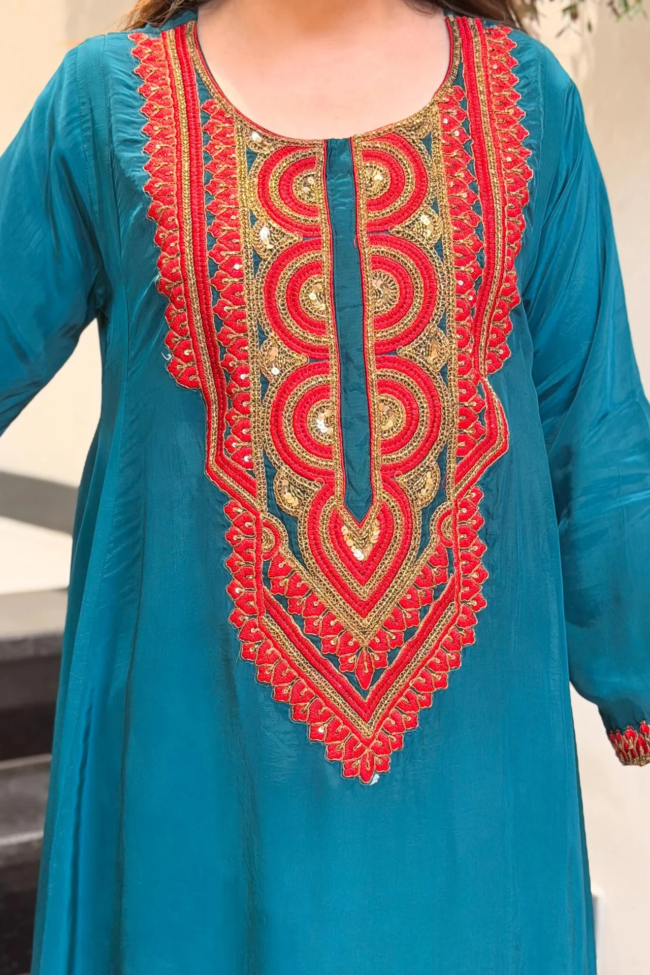 Women's French Crepe Embroidered Kurta Set with Pant in Teal — photo 6 of 6