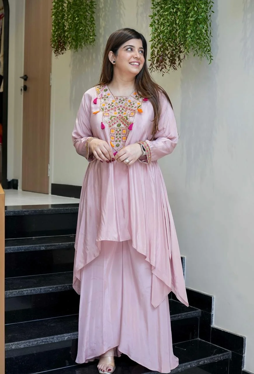 Women's French Crepe Kurta Set with Palazzo in Onion Pink — photo 2 of 6