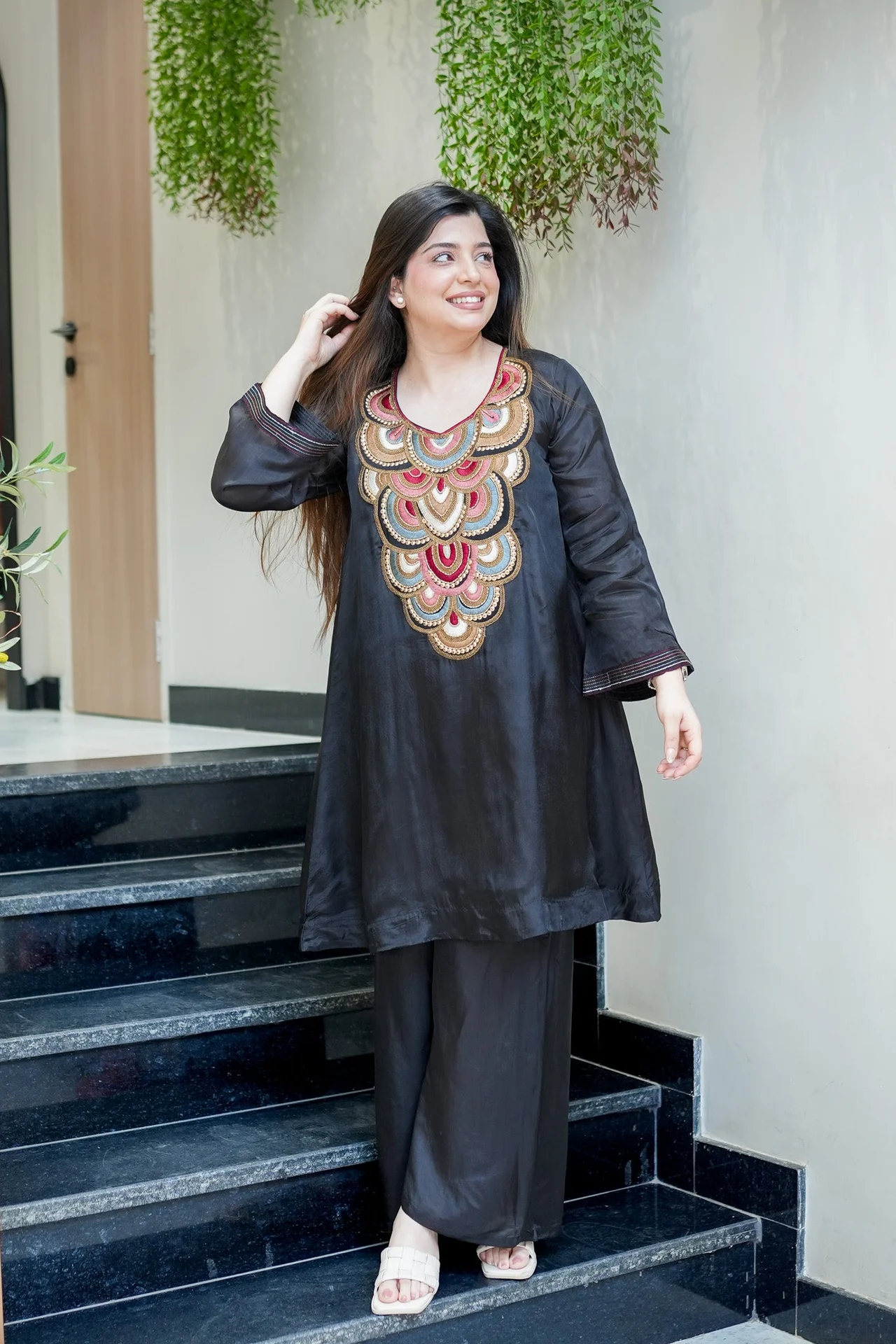 Women's French Crepe Kurta Set with Pant in Black — photo 3 of 7
