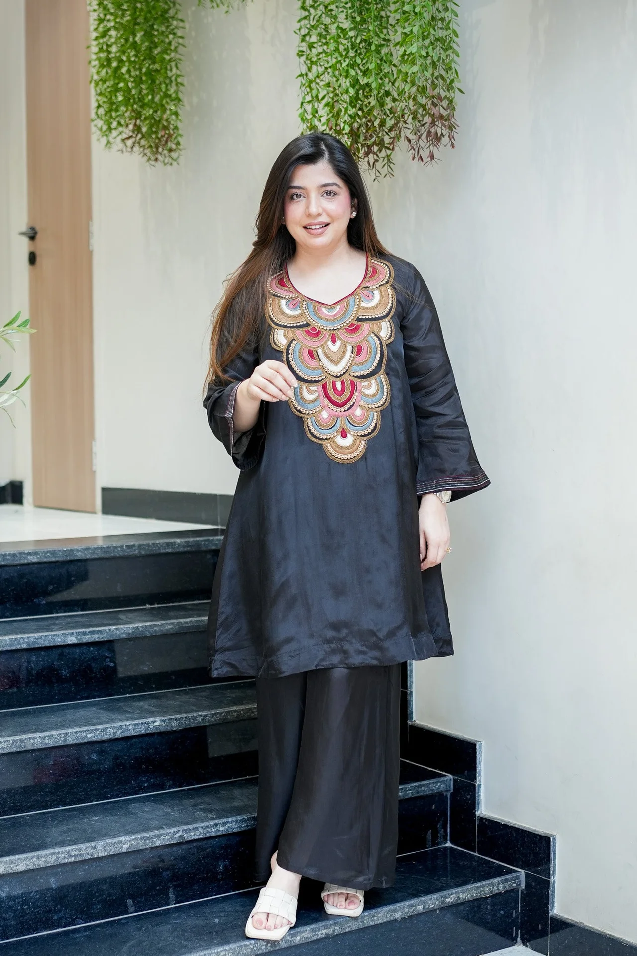 Women's French Crepe Kurta Set with Pant in Black — photo 4 of 7