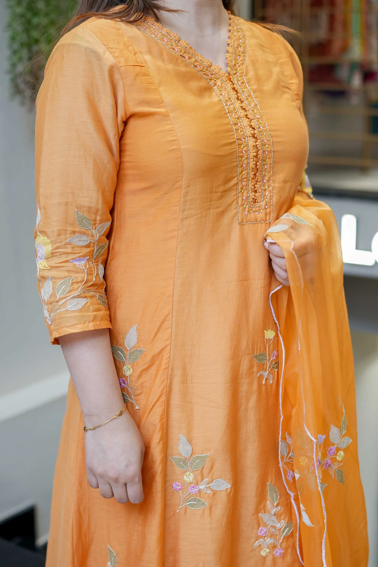 Women's Muslin Kurta Set with Embroidered Pant and Organza Dupatta in Orange — photo 2 of 5