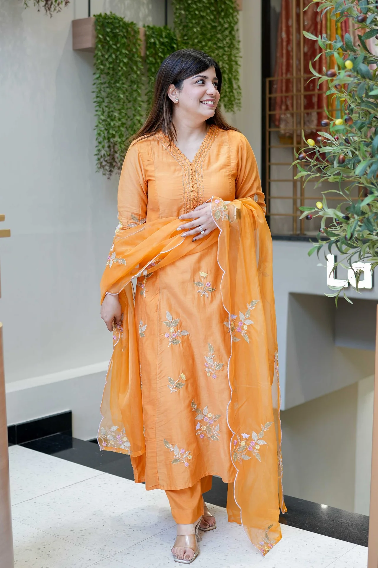 Women's Muslin Kurta Set with Embroidered Pant and Organza Dupatta in Orange — photo 3 of 5