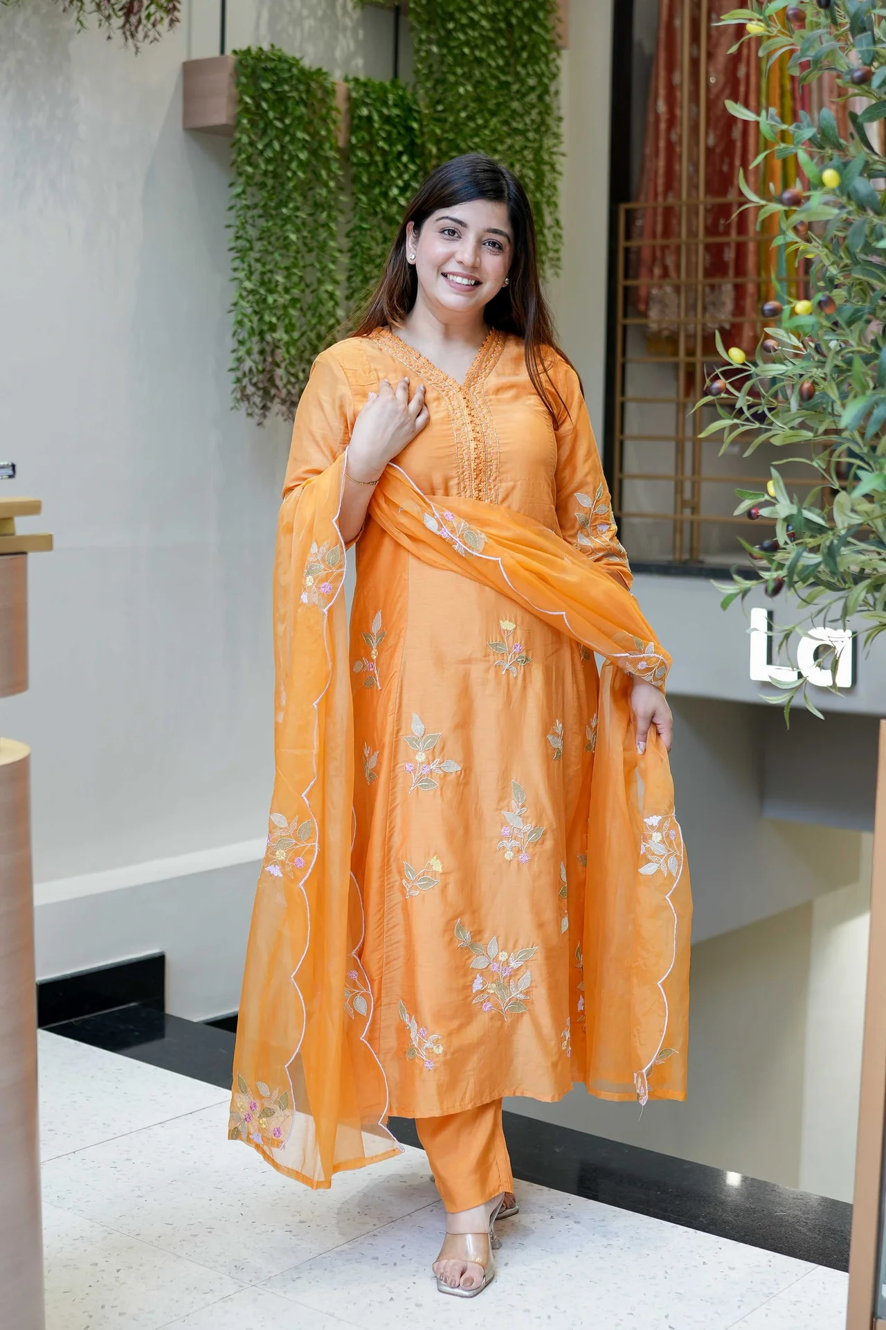 Women's Muslin Kurta Set with Embroidered Pant and Organza Dupatta in Orange — photo 4 of 5