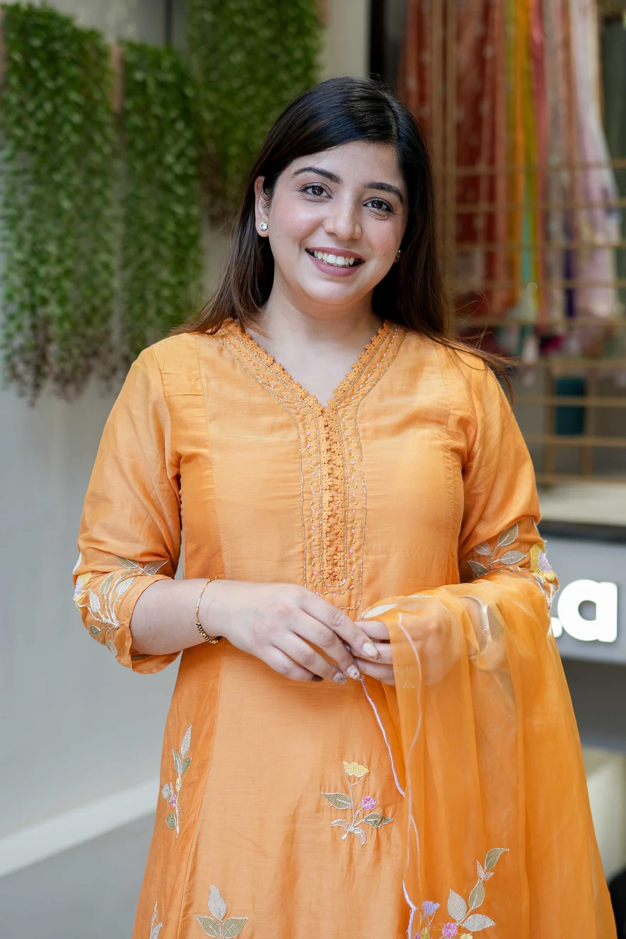 Women's Muslin Kurta Set with Embroidered Pant and Organza Dupatta in Orange — photo 5 of 5