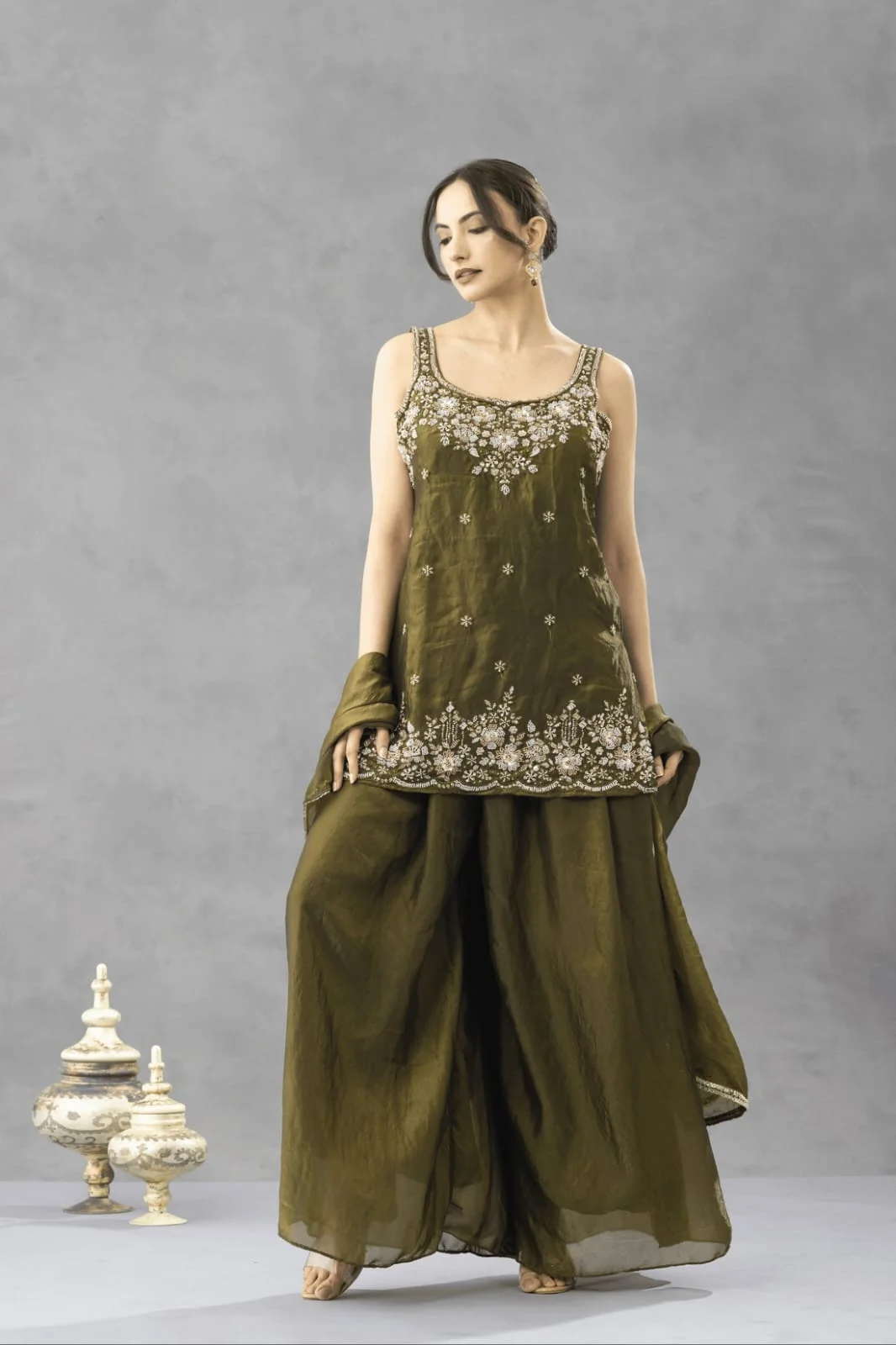 Women's Embroidered Chartin Kurta Set with Palazzo and Dupatta in Olive Green — photo 2 of 6