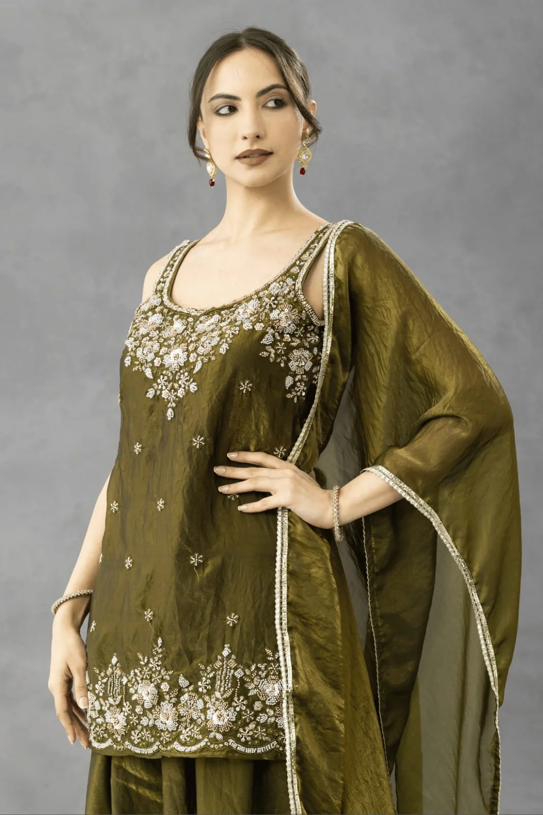 Women's Embroidered Chartin Kurta Set with Palazzo and Dupatta in Olive Green — photo 3 of 6