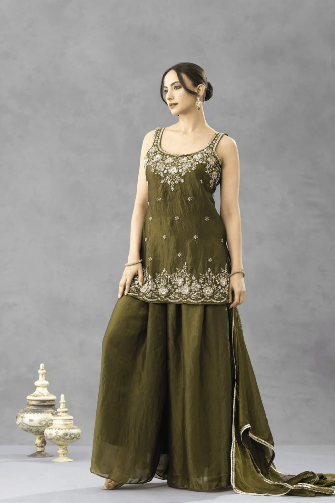 Women's Embroidered Chartin Kurta Set with Palazzo and Dupatta in Olive Green — photo 4 of 6