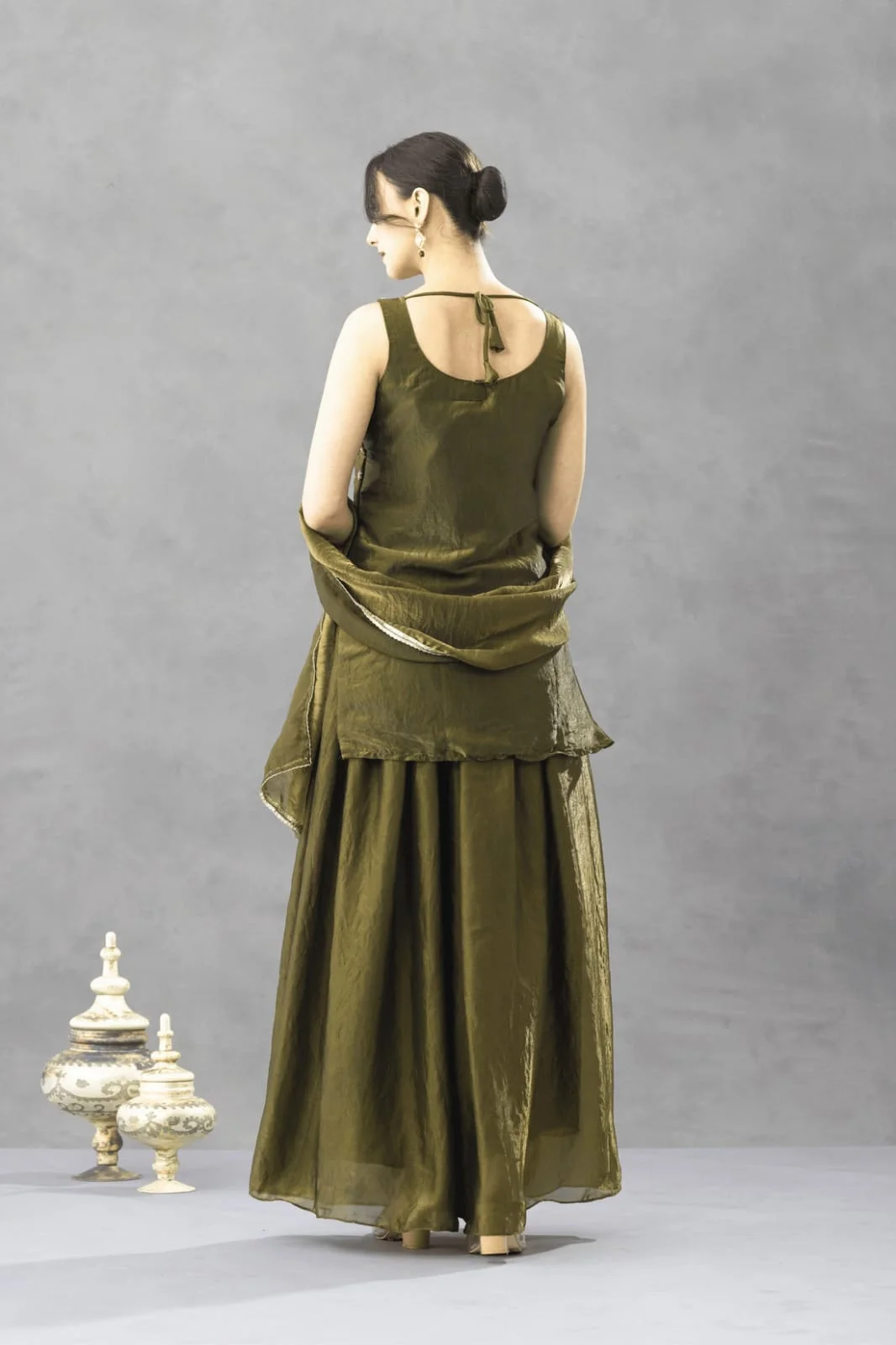 Women's Embroidered Chartin Kurta Set with Palazzo and Dupatta in Olive Green — photo 5 of 6