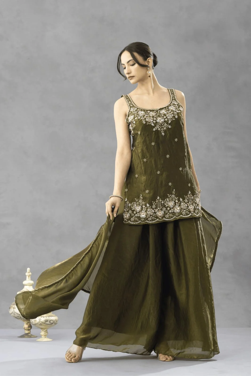 Women's Embroidered Chartin Kurta Set with Palazzo and Dupatta in Olive Green — photo 6 of 6