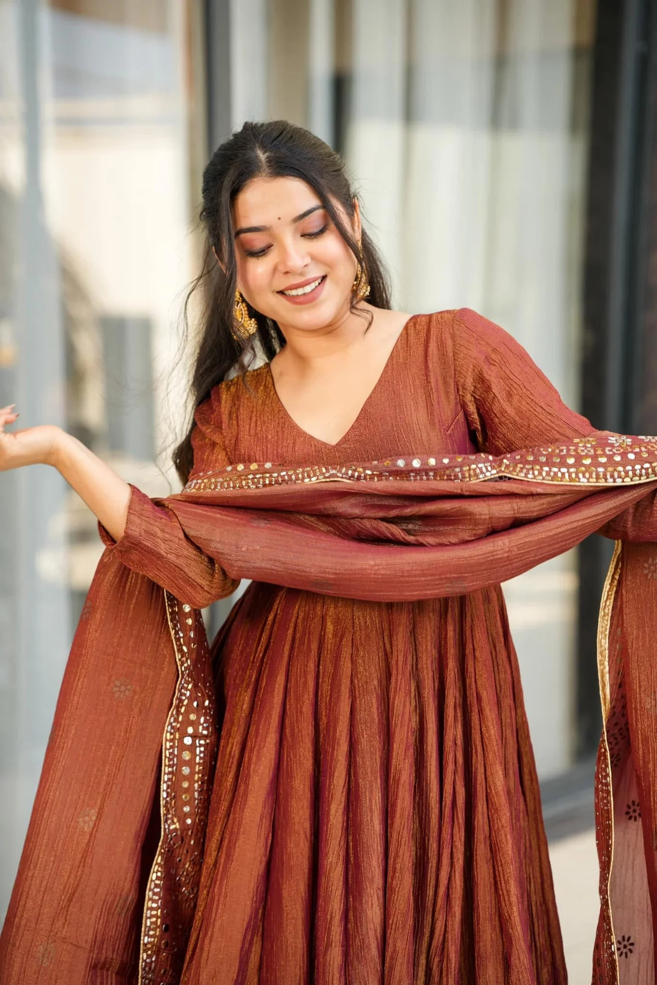 Women's Chinon Kurta Set with Palazzo and Dupatta in Rust — photo 2 of 5