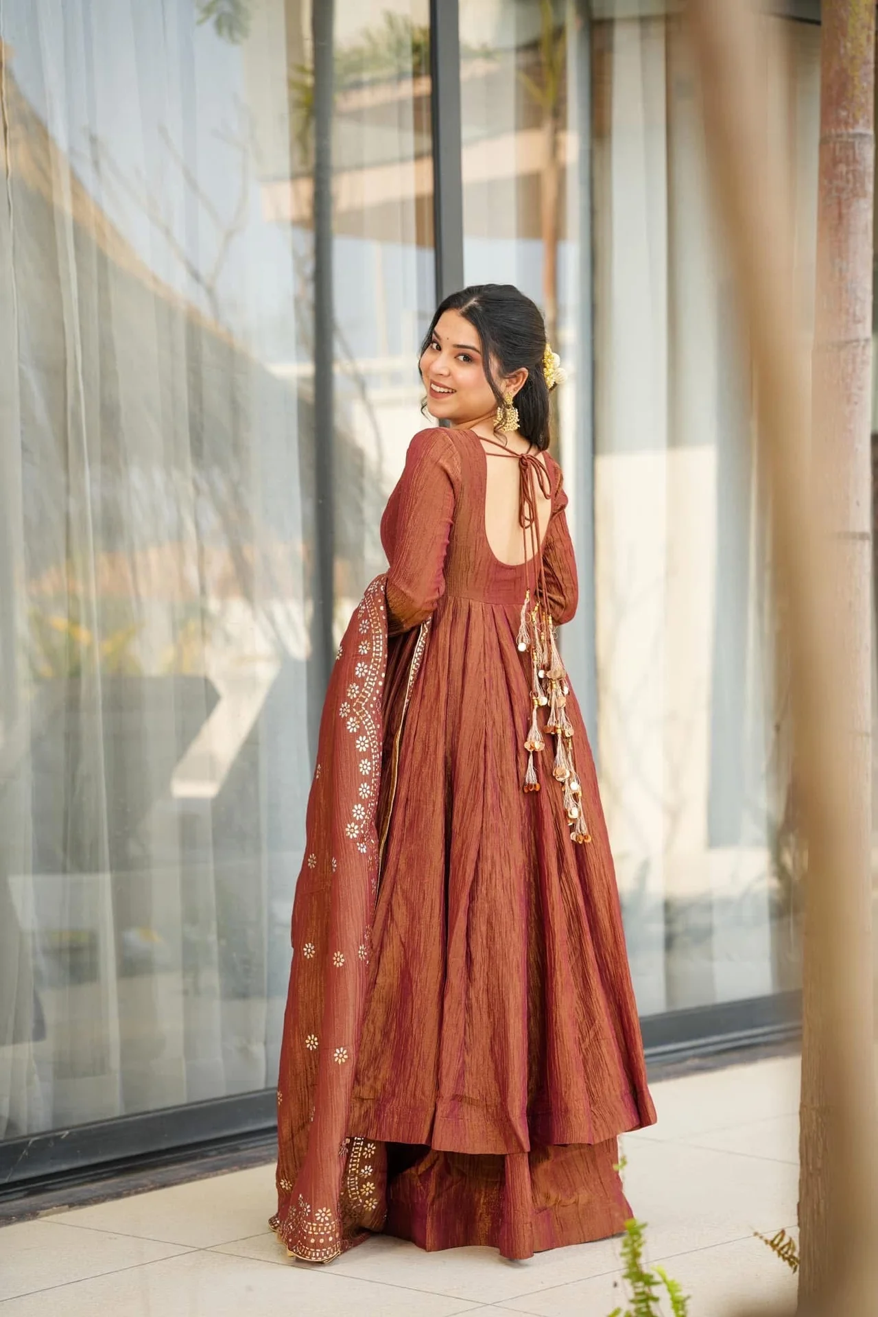 Women's Chinon Kurta Set with Palazzo and Dupatta in Rust — photo 3 of 5