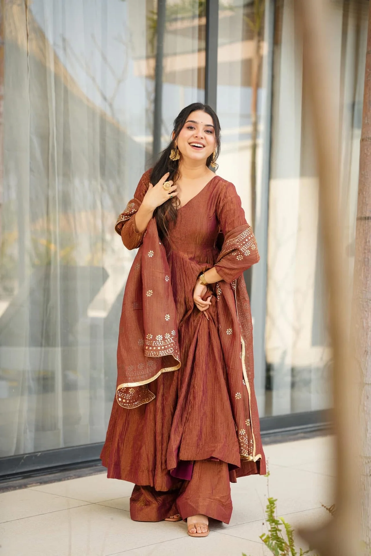 Women's Chinon Kurta Set with Palazzo and Dupatta in Rust — photo 4 of 5