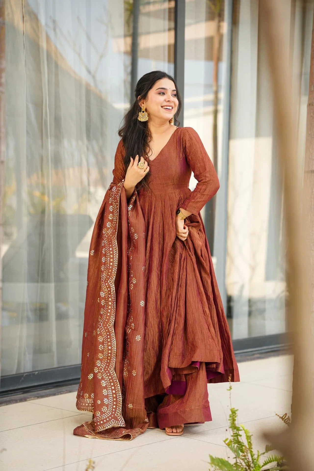 Women's Chinon Kurta Set with Palazzo and Dupatta in Rust — photo 5 of 5