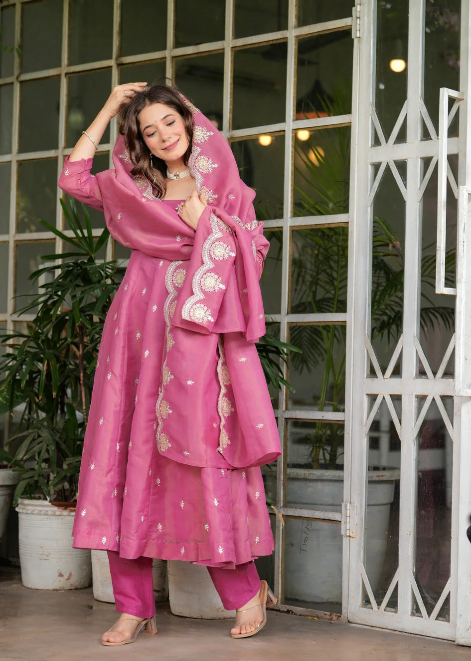 Women's Chanderi Silk Kurta Set with Embroidered Yoke and Dupatta in Pink — photo 4 of 6