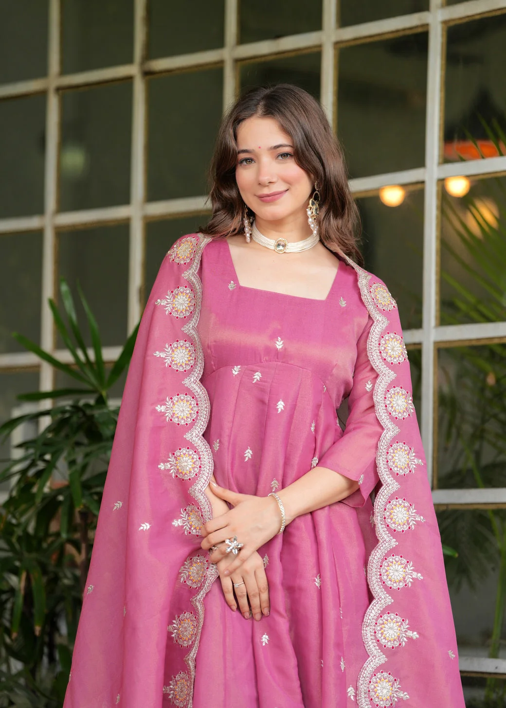 Women's Chanderi Silk Kurta Set with Embroidered Yoke and Dupatta in Pink — photo 6 of 6