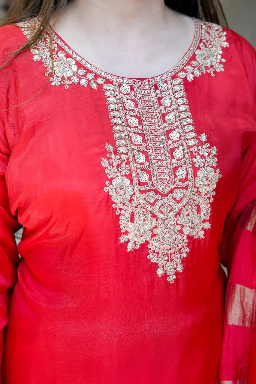 Women's Georgette Kurta Set with Silk Bottom in Red — photo 3 of 6