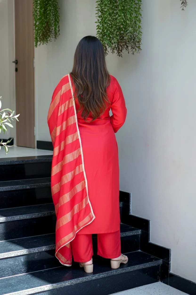 Women's Georgette Kurta Set with Silk Bottom in Red — photo 5 of 6