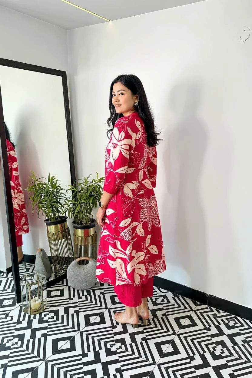 Women's Printed Maslin Kurta Set with Pant in Rani Pink — photo 6 of 6