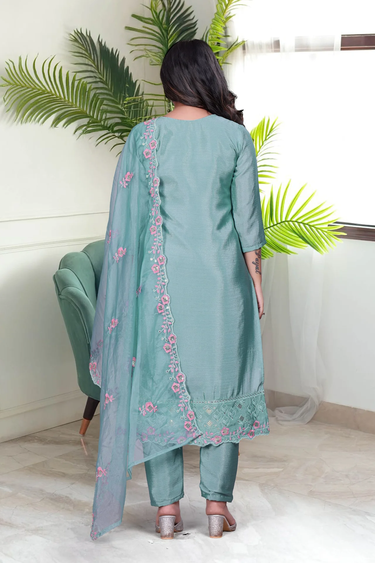 Women's Embroidered Chinon Kurta Set with Silk Bottom and Dupatta in Sky Blue — photo 2 of 5