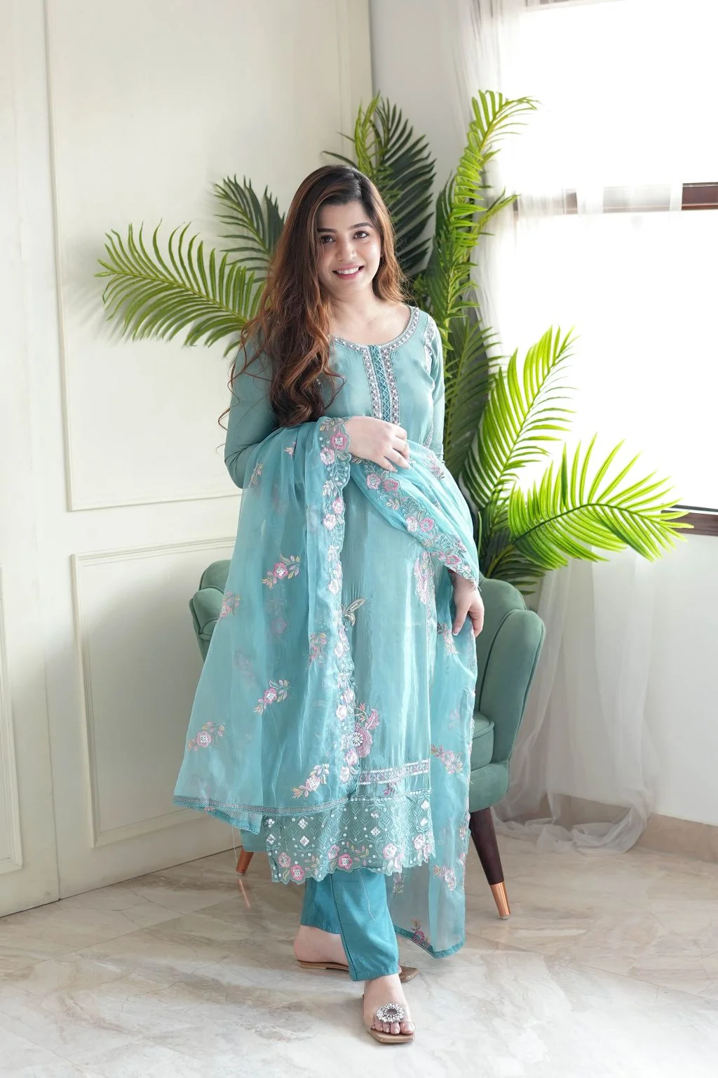 Women's Embroidered Chinon Kurta Set with Silk Bottom and Dupatta in Sky Blue — photo 3 of 5