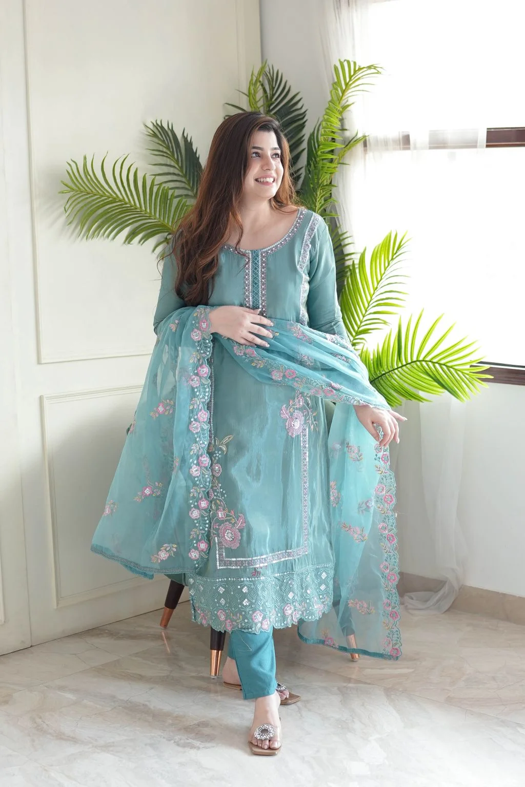 Women's Embroidered Chinon Kurta Set with Silk Bottom and Dupatta in Sky Blue — photo 4 of 5