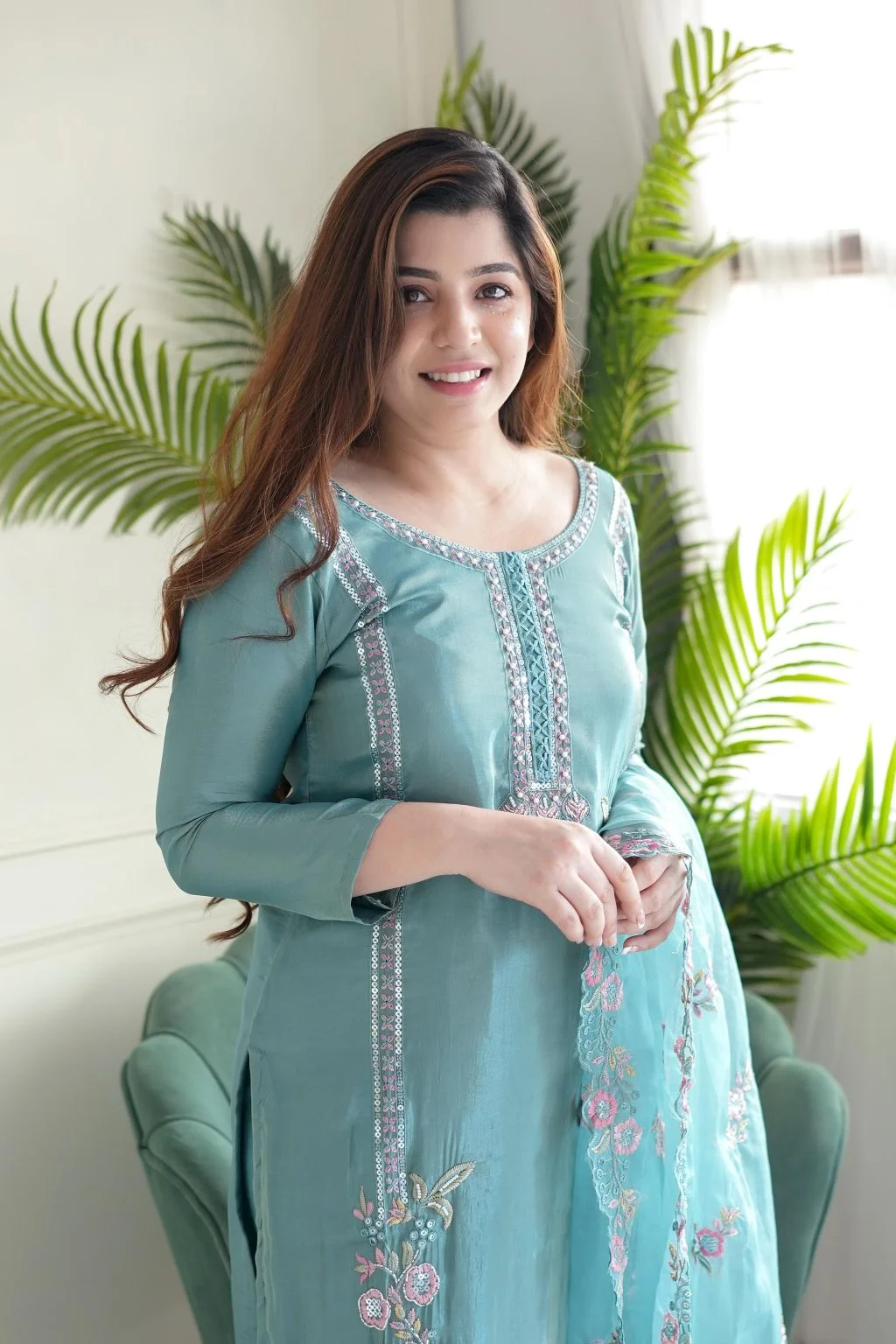 Women's Embroidered Chinon Kurta Set with Silk Bottom and Dupatta in Sky Blue — photo 5 of 5