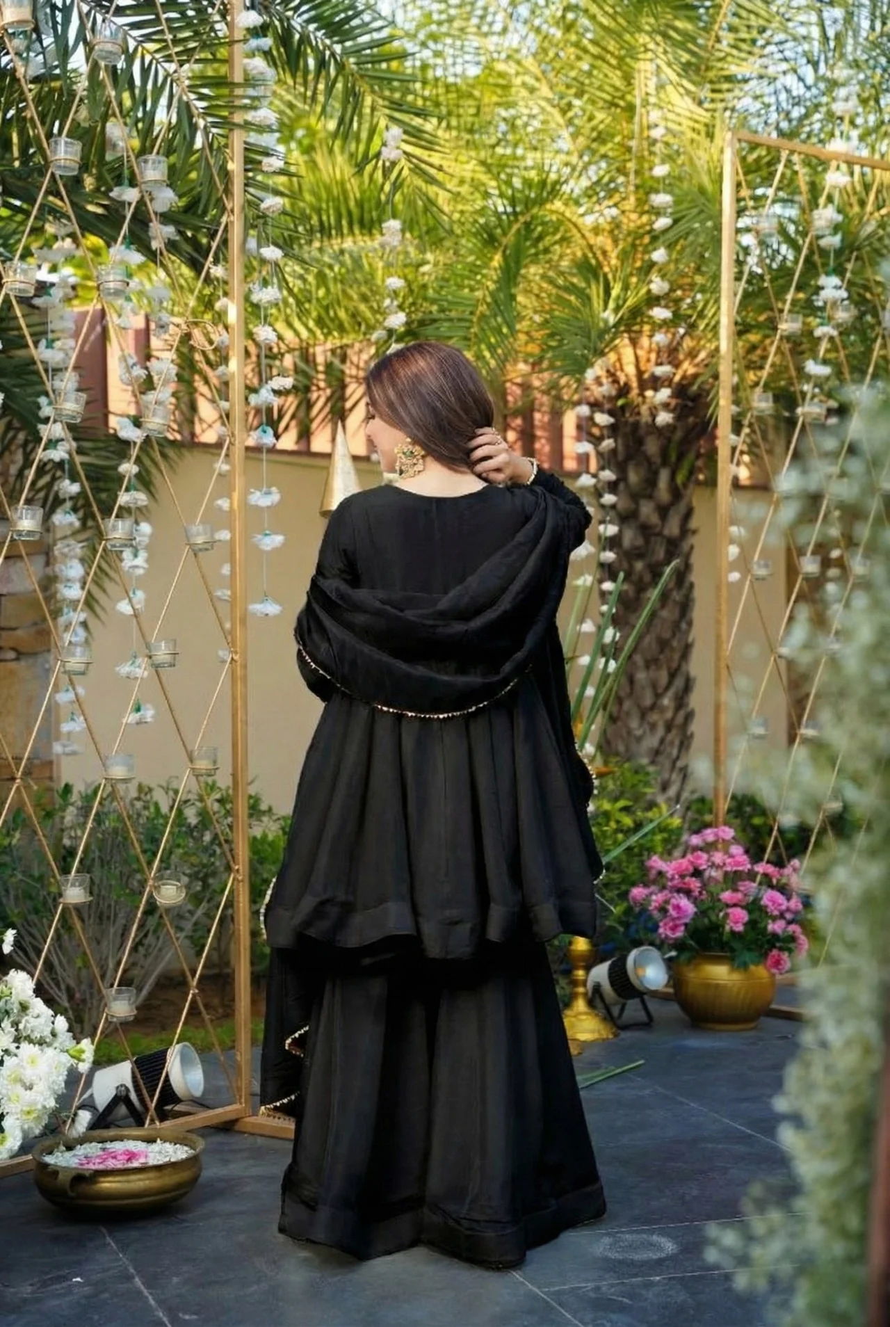 Women's Chinon Kurta Set with Palazzo and Dupatta in Black — photo 3 of 7