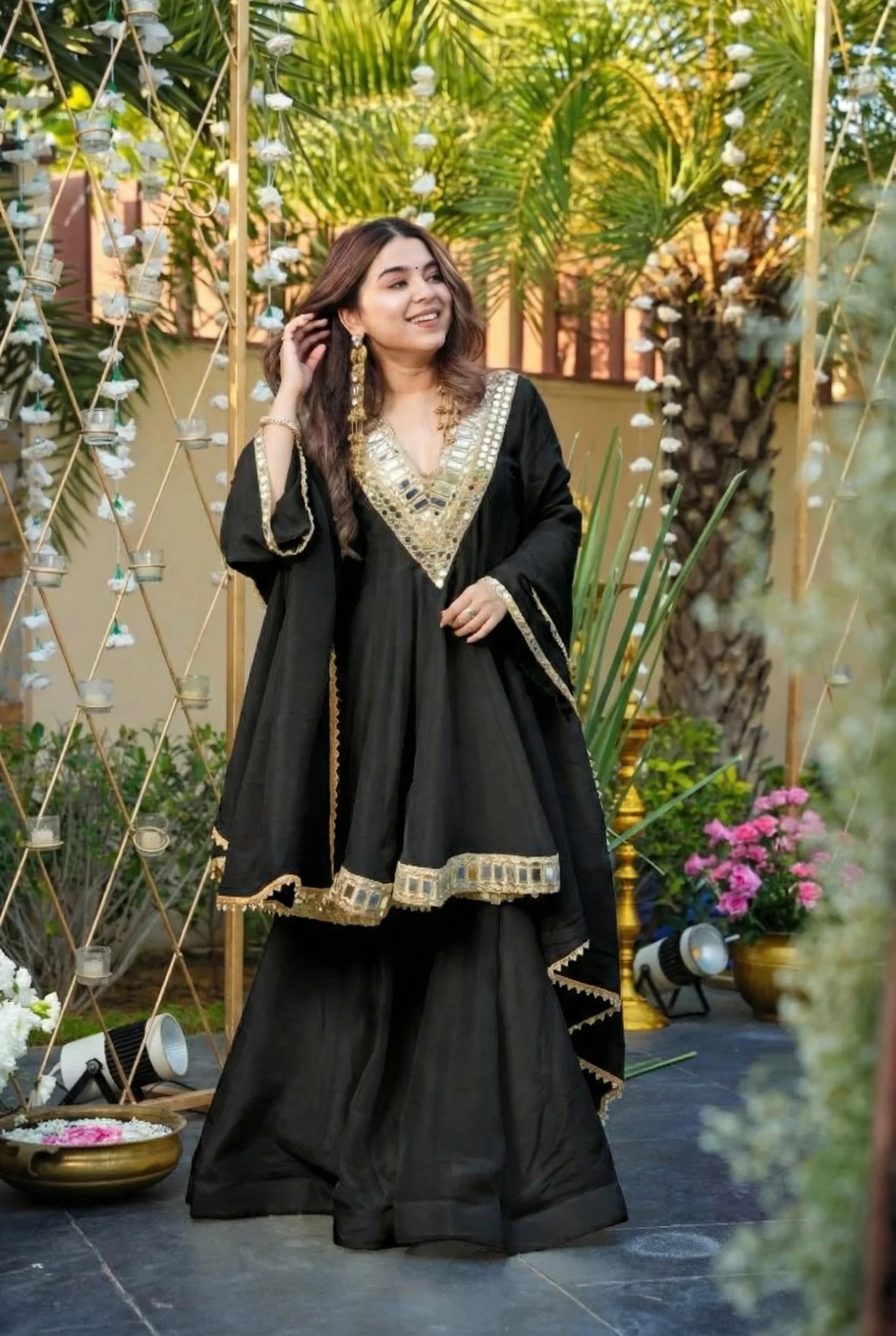 Women's Chinon Kurta Set with Palazzo and Dupatta in Black — photo 5 of 7