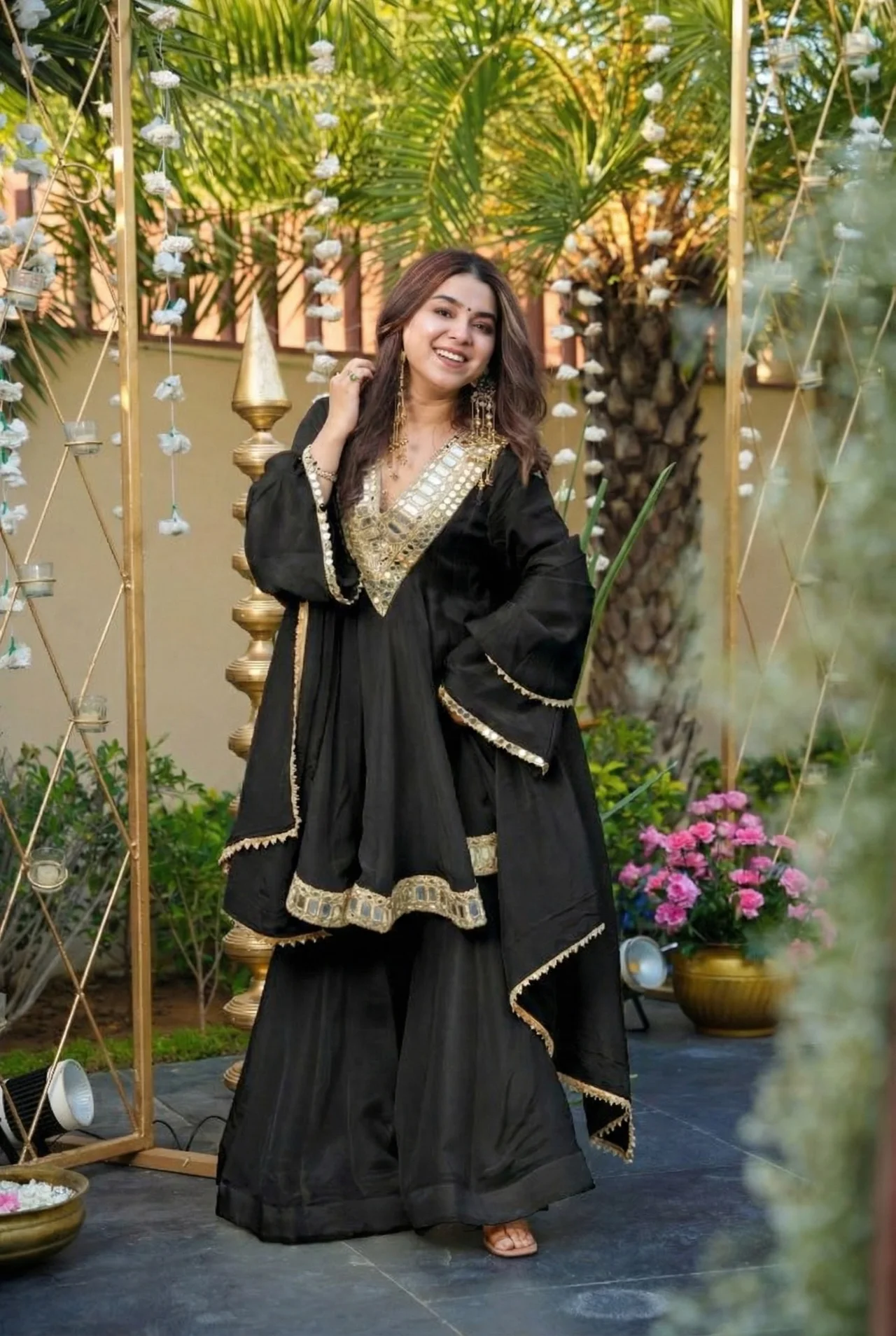 Women's Chinon Kurta Set with Palazzo and Dupatta in Black — photo 7 of 7