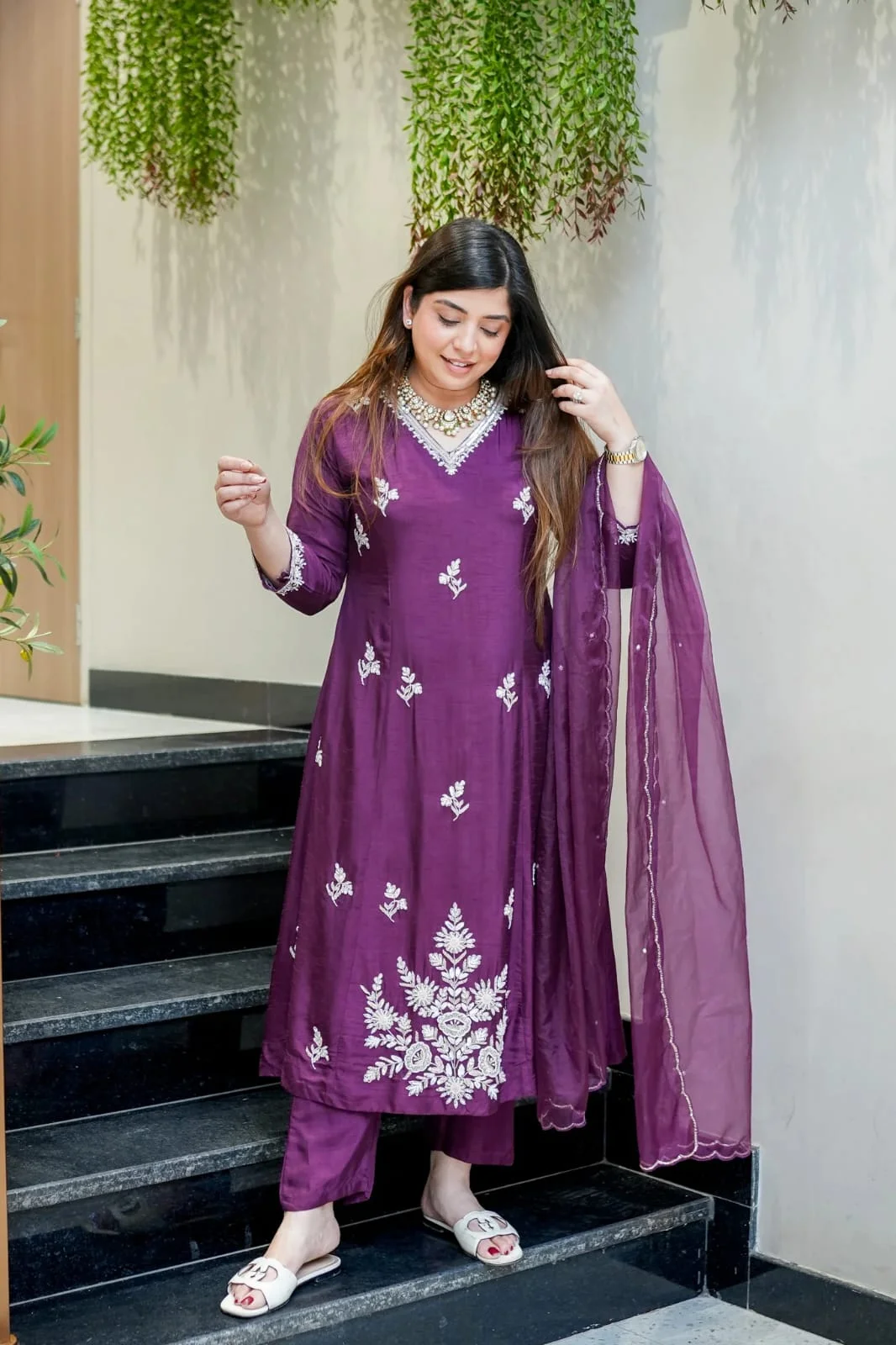Women's Muslin Kurta Set with Pant and Dupatta in Purple — photo 3 of 6