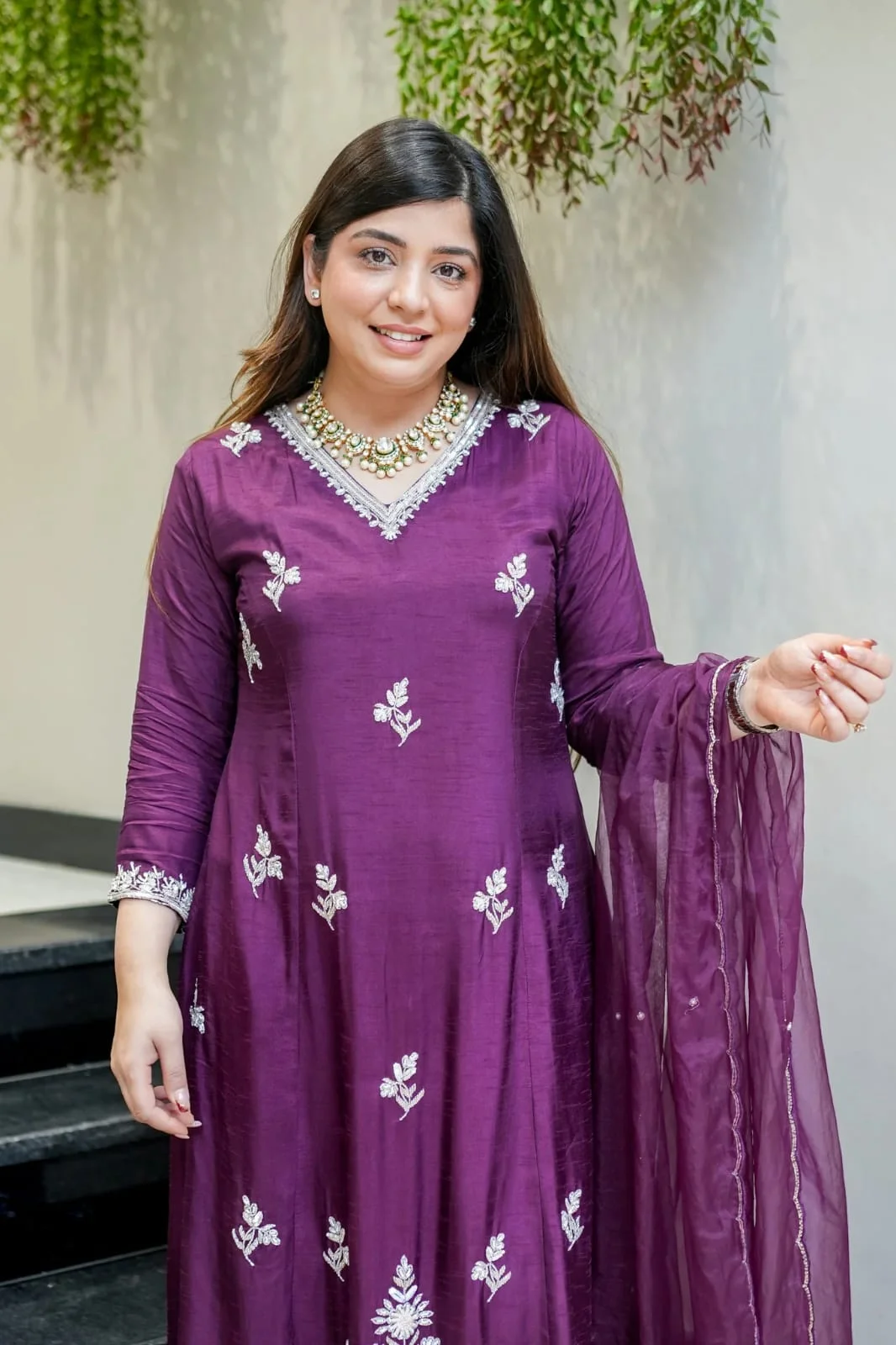 Women's Muslin Kurta Set with Pant and Dupatta in Purple — photo 4 of 6