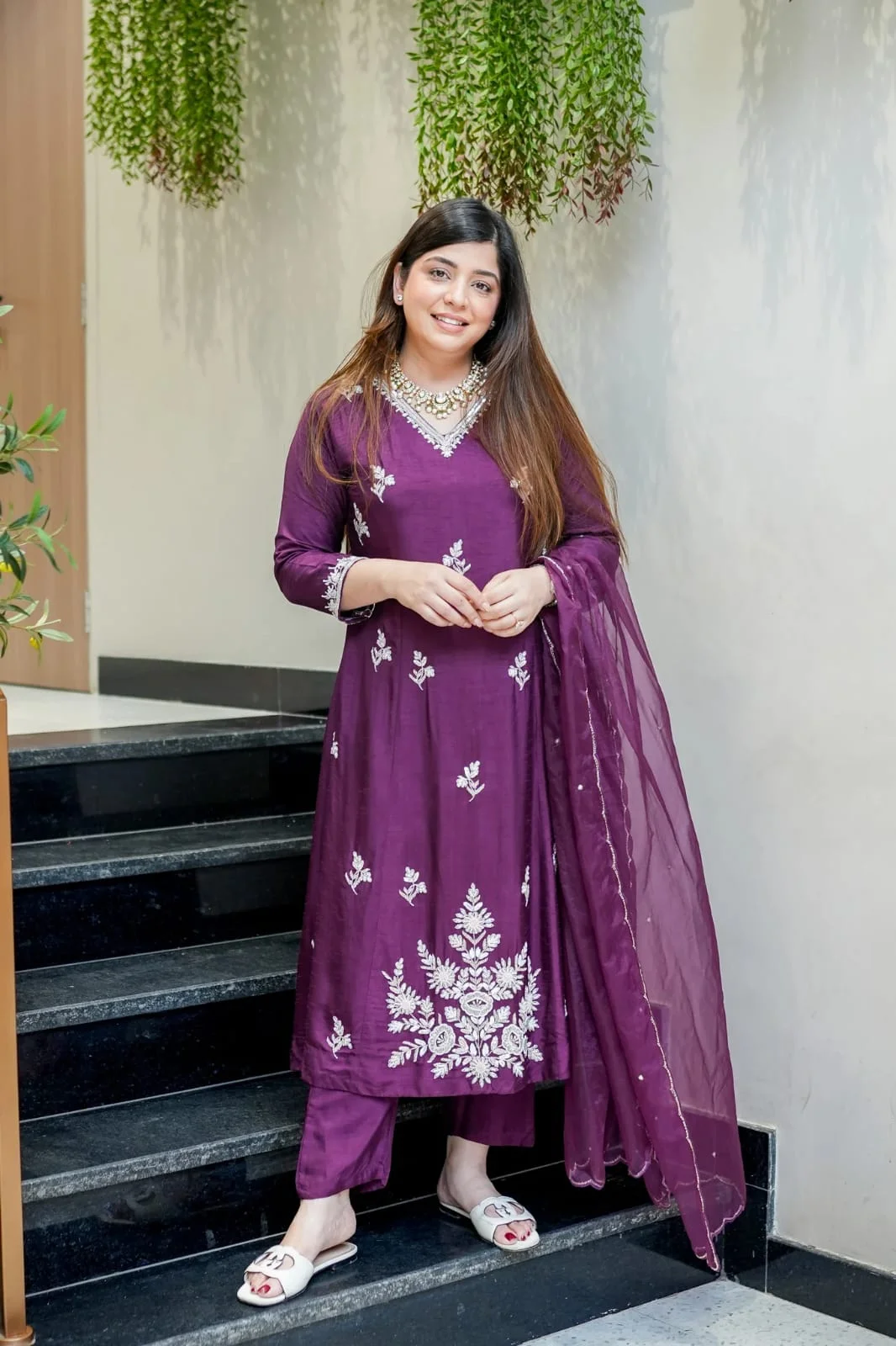 Women's Muslin Kurta Set with Pant and Dupatta in Purple — photo 6 of 6