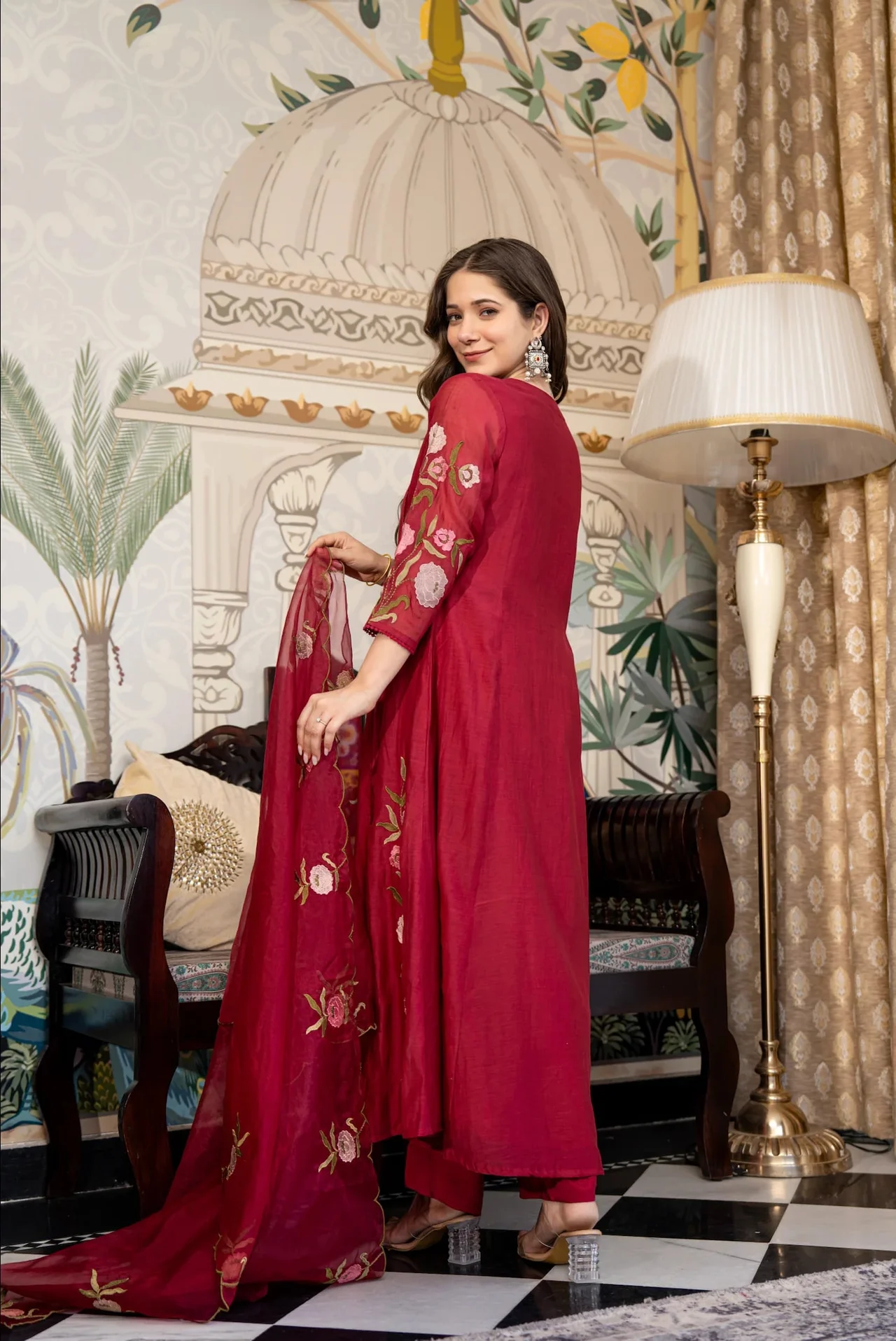 Women's Muslin Kurta Set with Embroidered Floral Motifs in Maroon — photo 7 of 7