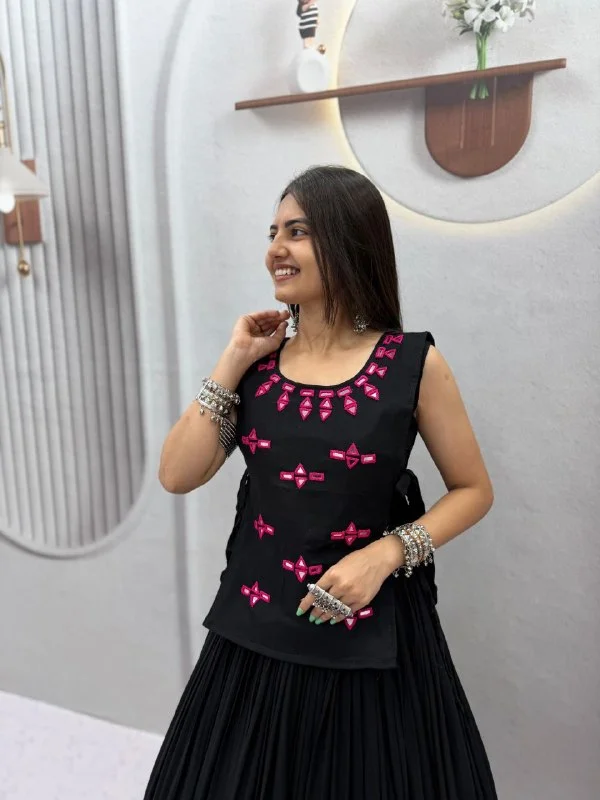 Vidala Clothings Navratri Special Rayon Cotton Lehenga Choli with 6 Meter flair, fully stitched choli with cups and real mirror work handwork jacket. in Black — photo 3 of 6
