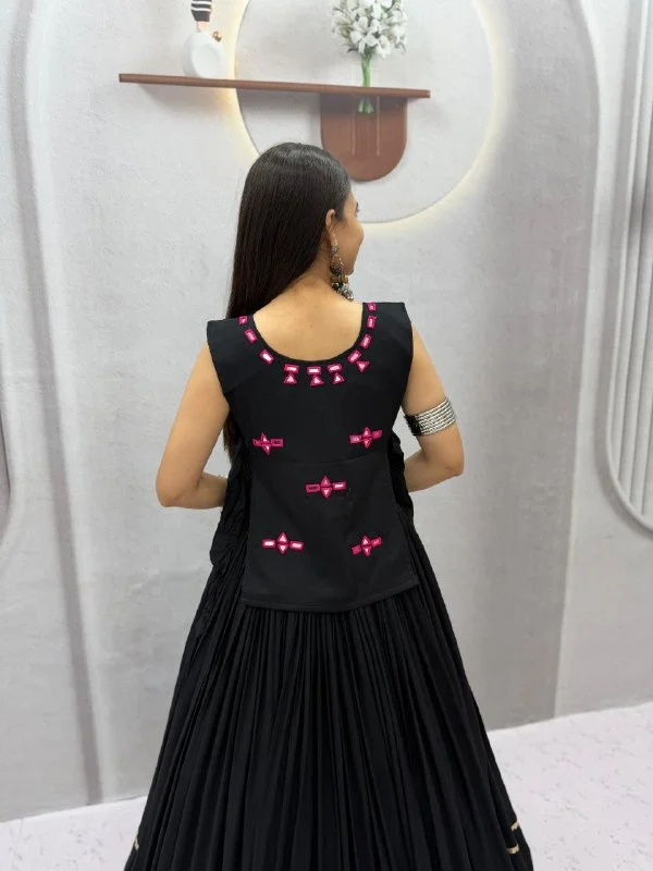 Vidala Clothings Navratri Special Rayon Cotton Lehenga Choli with 6 Meter flair, fully stitched choli with cups and real mirror work handwork jacket. in Black — photo 4 of 6