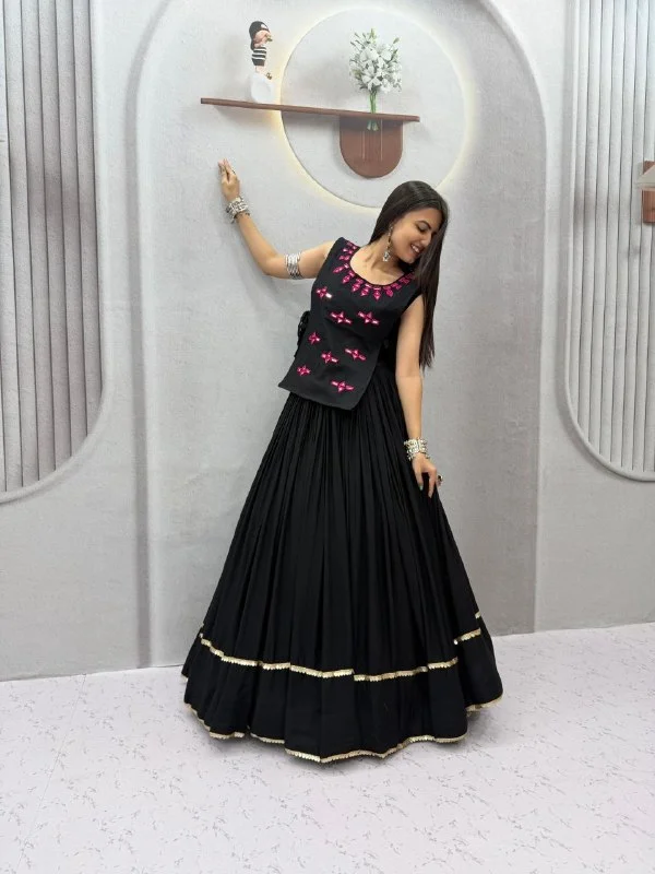 Vidala Clothings Navratri Special Rayon Cotton Lehenga Choli with 6 Meter flair, fully stitched choli with cups and real mirror work handwork jacket. in Black — photo 5 of 6