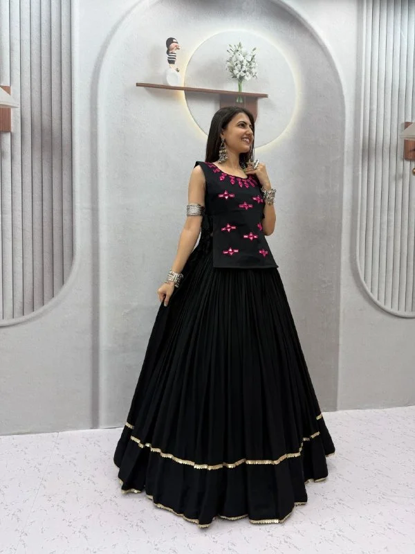 Vidala Clothings Navratri Special Rayon Cotton Lehenga Choli with 6 Meter flair, fully stitched choli with cups and real mirror work handwork jacket. in Black — photo 6 of 6