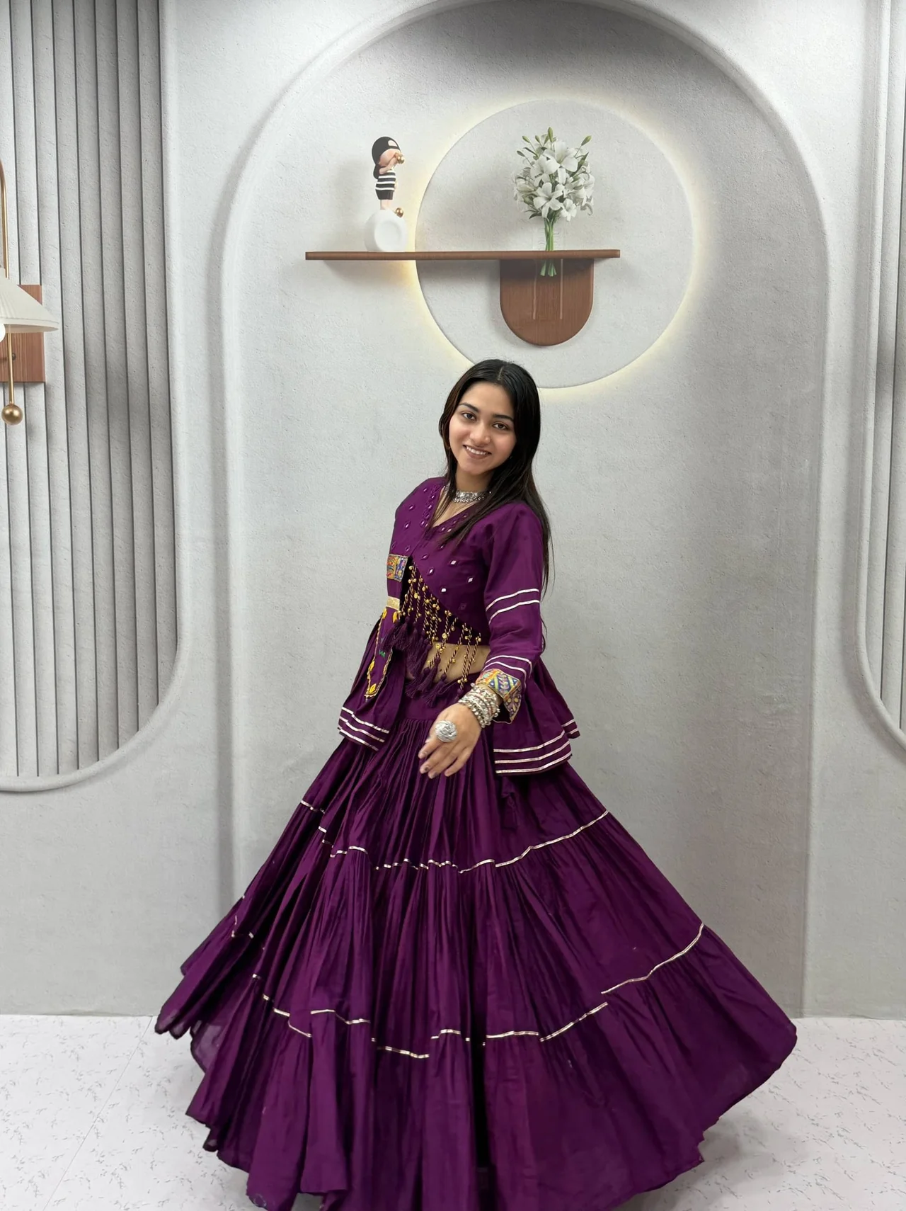 Vidala Clothings Navratri Special Hand Work Pure Cotton Lehenga Choli Set in Wine — photo 2 of 6