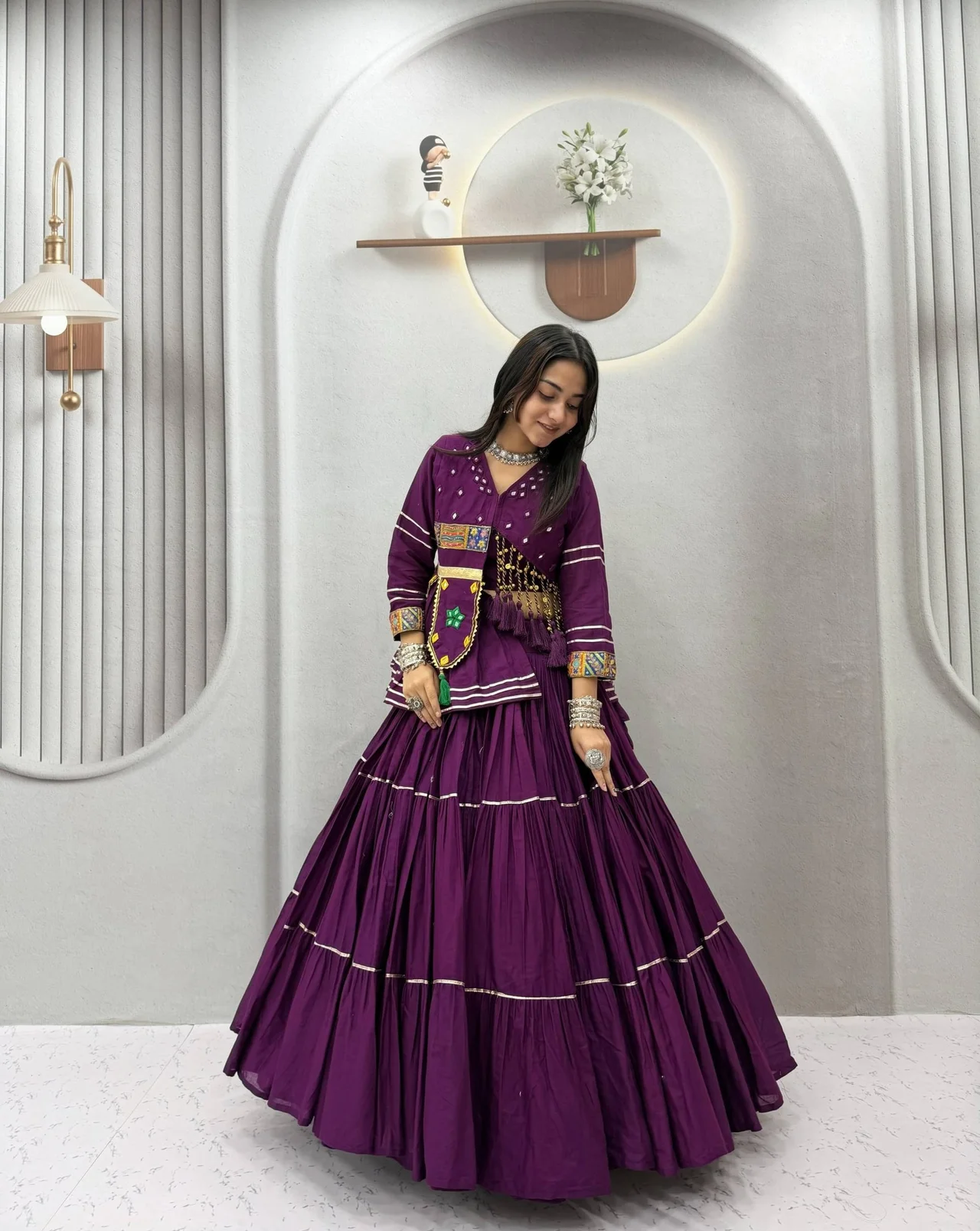 Vidala Clothings Navratri Special Hand Work Pure Cotton Lehenga Choli Set in Wine — photo 3 of 6