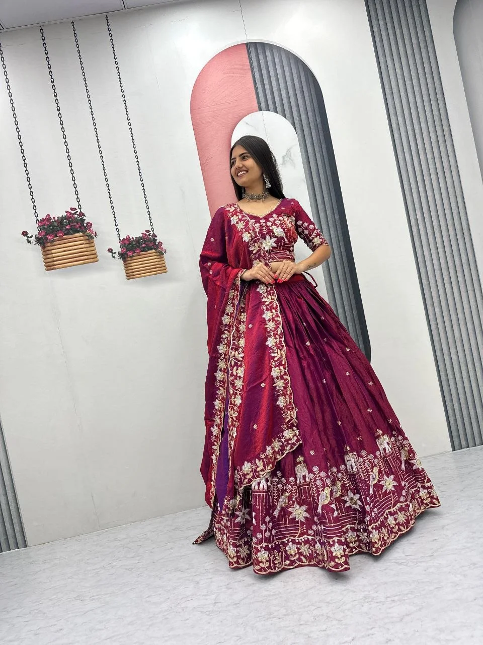 Festival Special To Glass Silk Lehenga Choli for Women with Embroidery Work, 3 Meter Flair & Heavy Embroidery Thread Sequence Dupatta in Rani Pink — photo 2 of 6